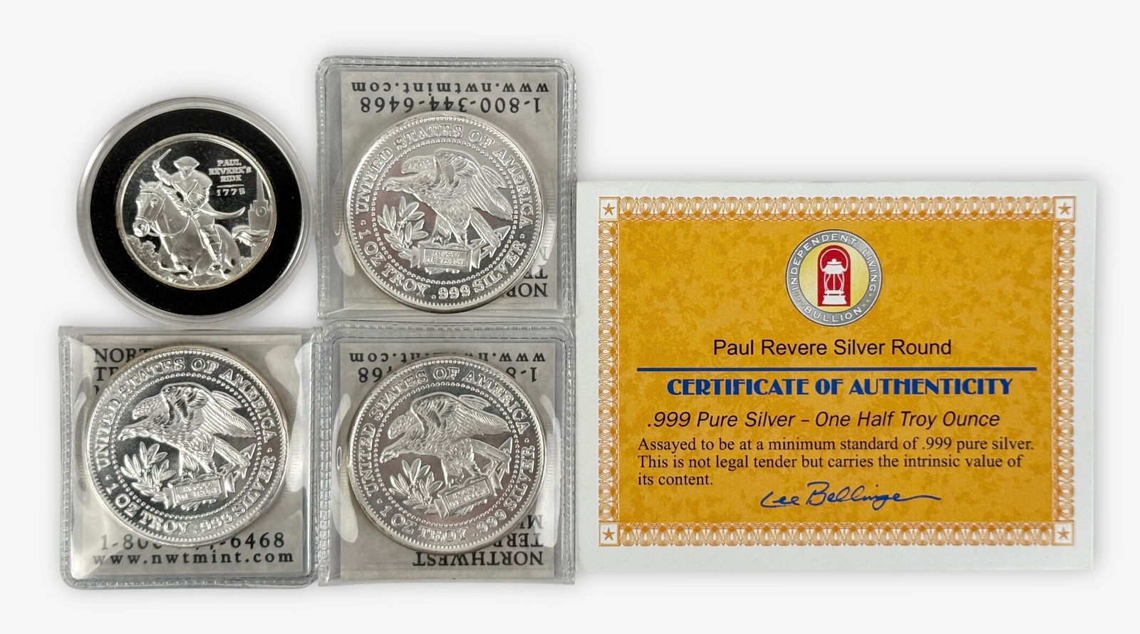 (3) 1 ozt Silver Rouns & (1) 1/2ozt Silver Round: Condition: All in original packaging. The Paul Revere Silver Round comes with a certificate of authenticity. See images for details. 
