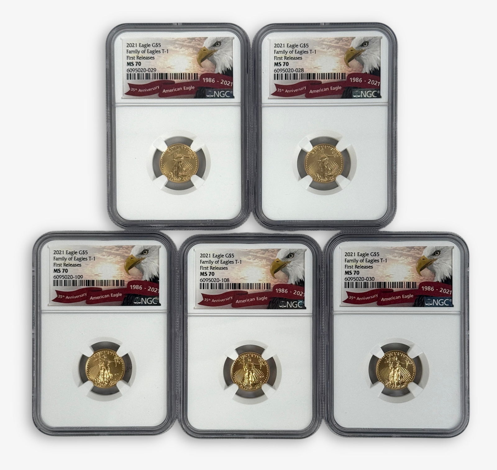 (5) 2021 $5 Eagle NGC MS70 (A): 35th Anniversary American Eagle Coins First Releases In Slabs. Condition: See images for details. 