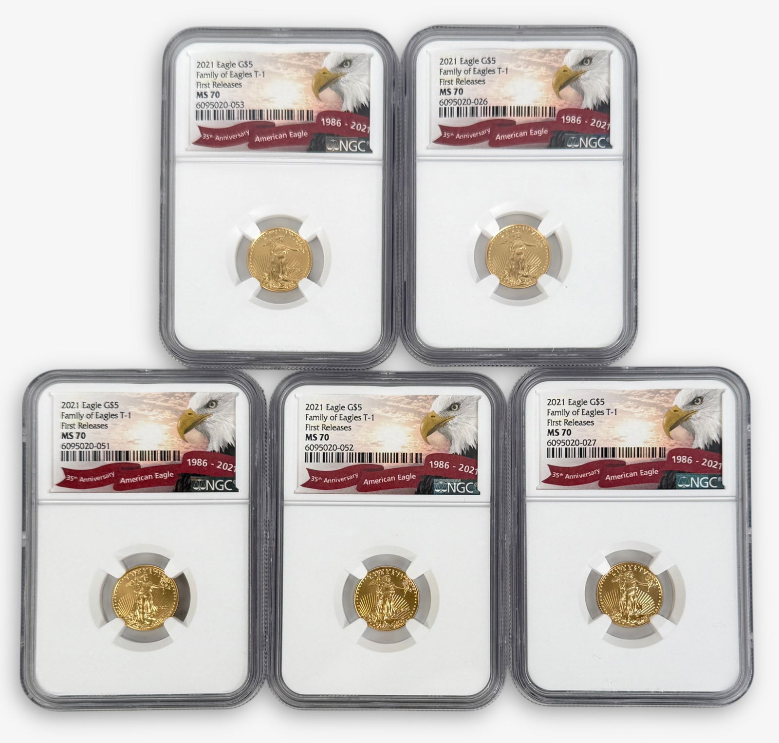 (5) 2021 $5 Eagle NGC MS70 (B): 35th Anniversary American Eagle Coins First Releases In Slabs. See images for details. 