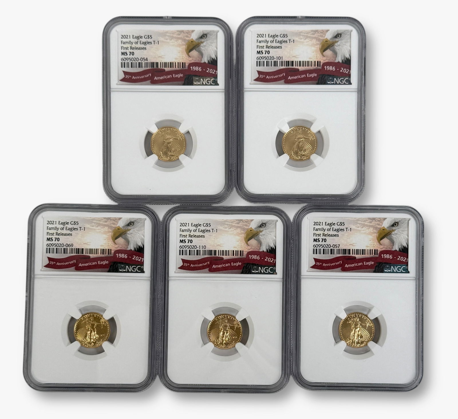 (5) 2021 $5 Eagle NGC MS70 (C): 35th Anniversary American Eagle Coins First Releases In Slabs. See images for details. 