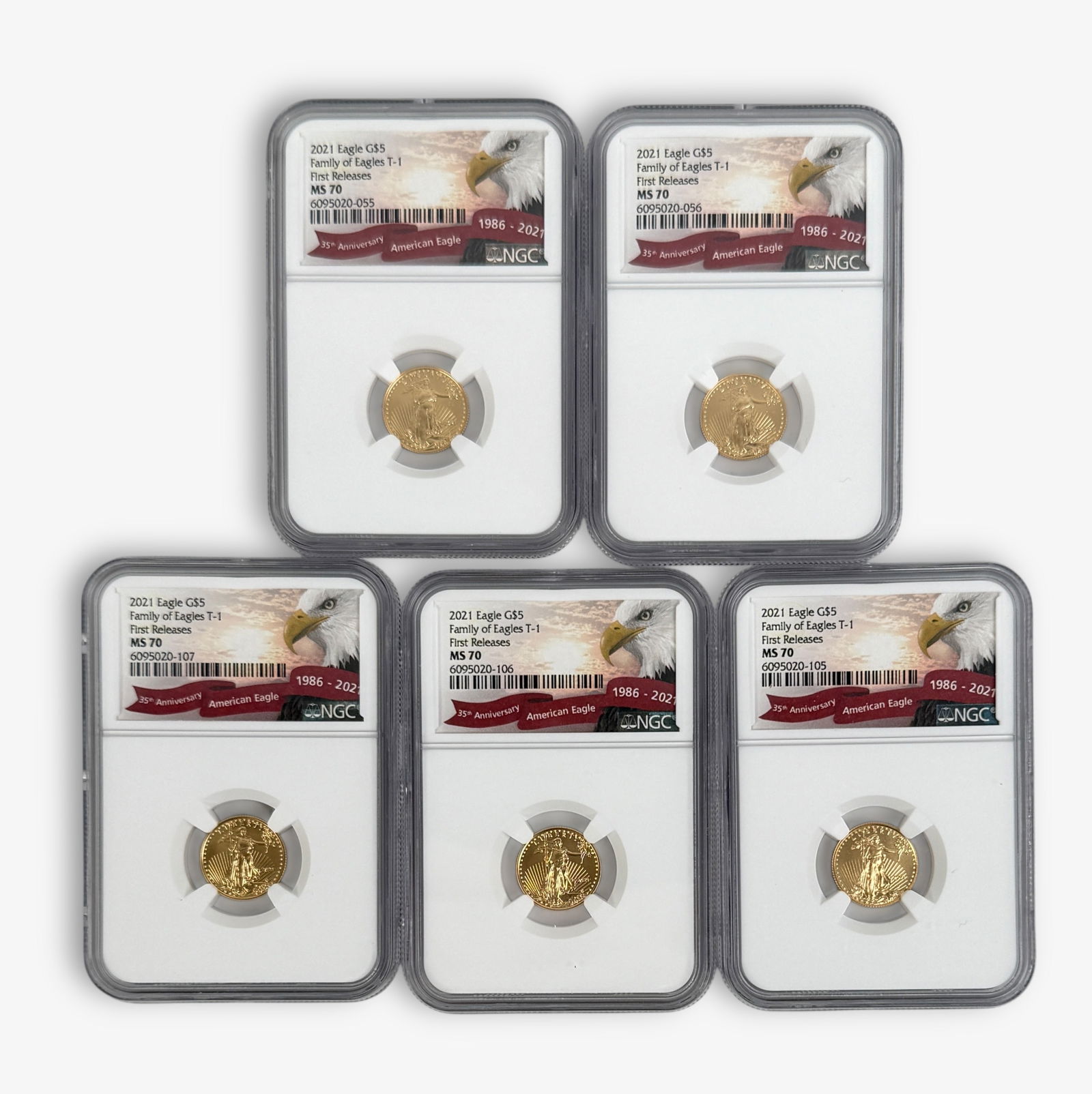 (5) 2021 $5 Eagle NGC MS70 (D): 35th Anniversary American Eagle Coins First Releases In Slabs. See images for details. 