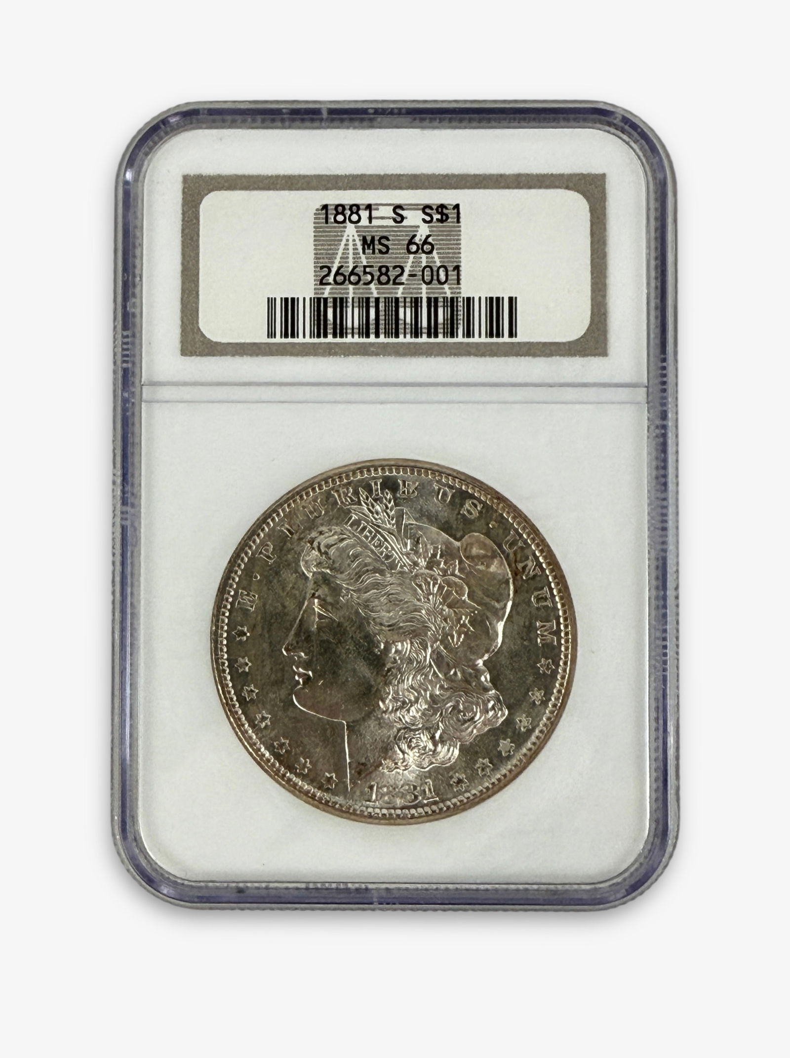 1881 S Morgan Silver Dollar NGC Graded MS 66: Slabbed in a plastic case.