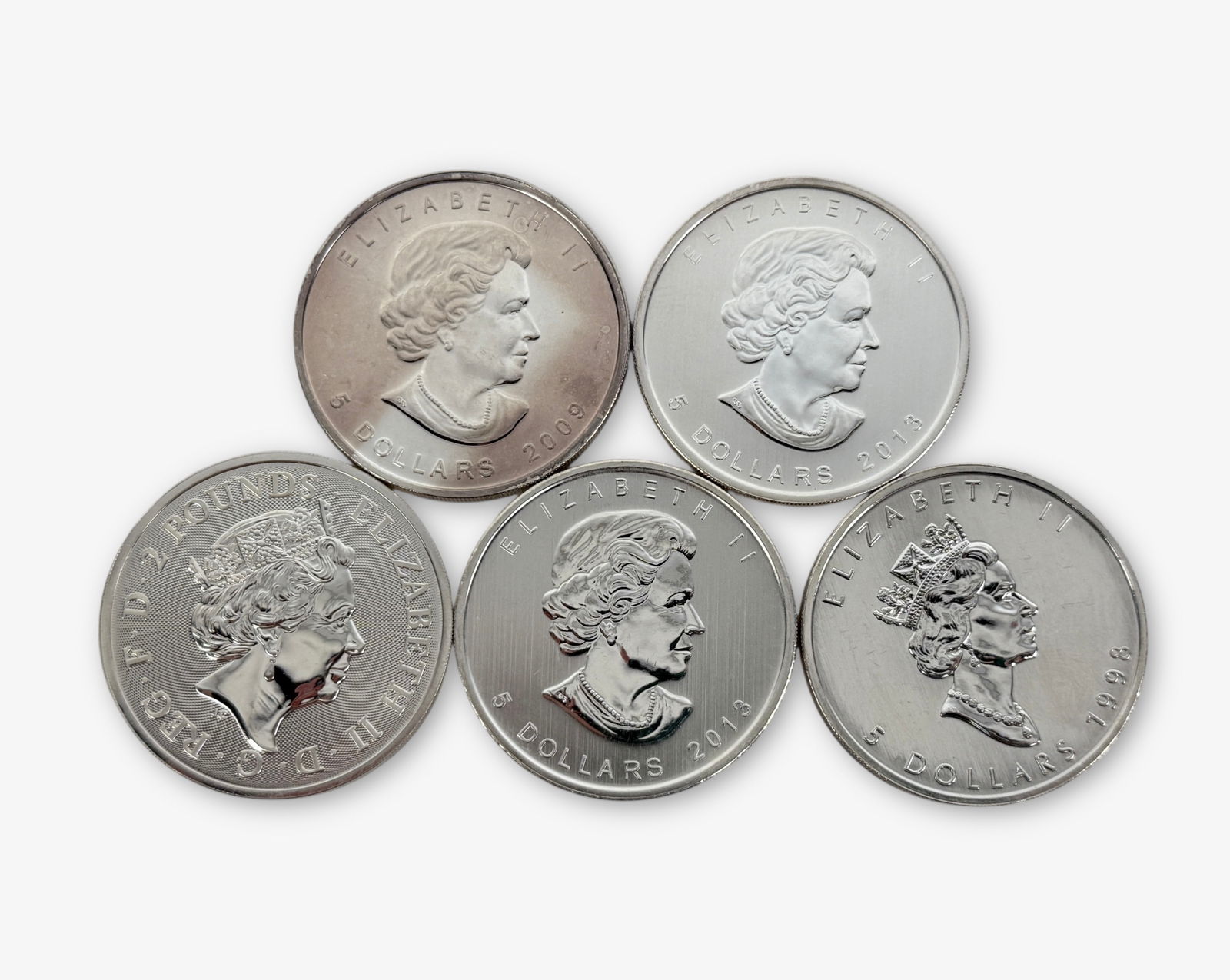 (5) Assorted Elizabeth II 1 Ozt .999 Silver Coins: (5) Ozt Total-All In Very Good Circulated Condition