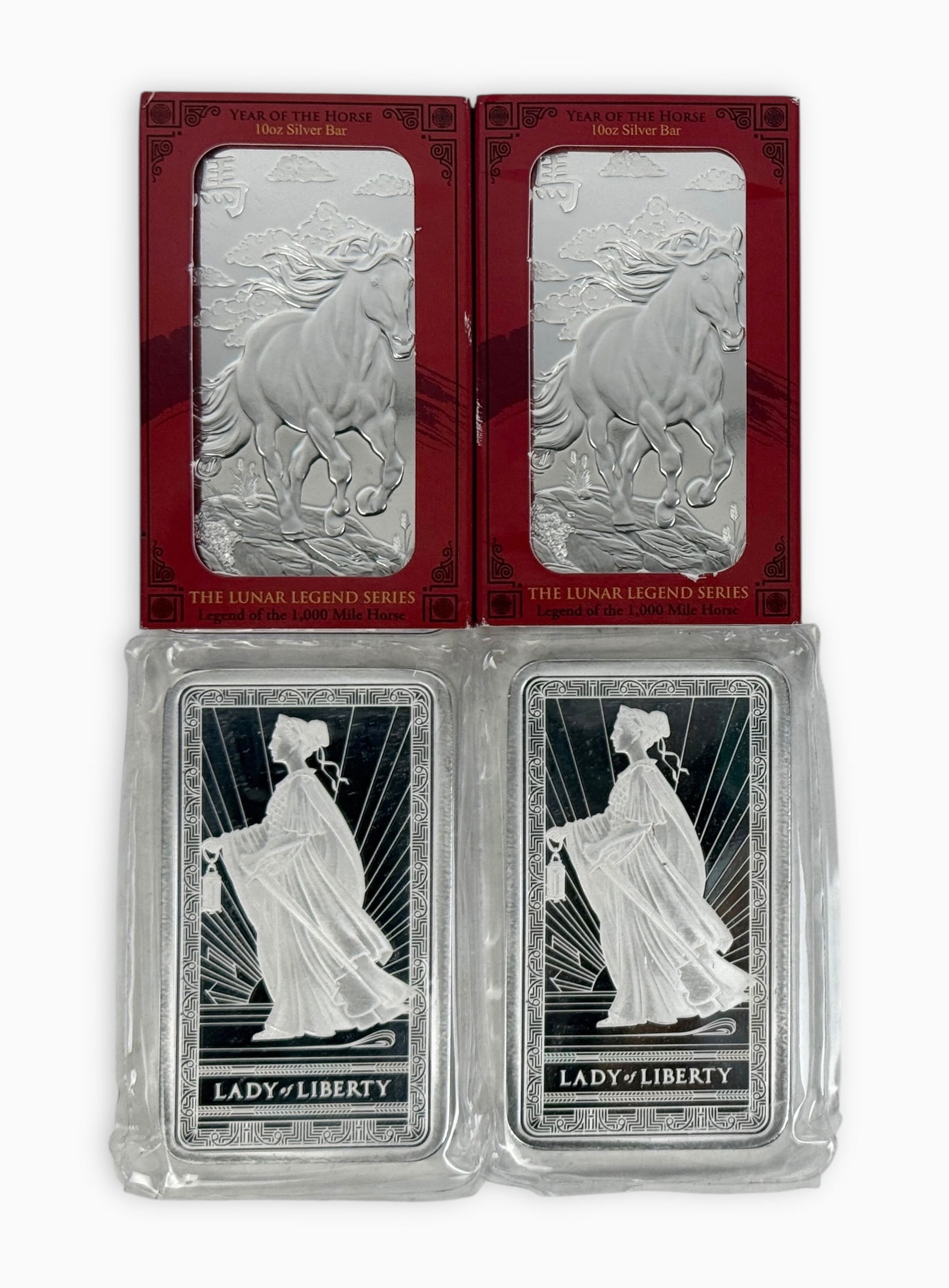 (4) PAMP 10 ozt 999.0 Silver Bars: (2) 10 ozt Lady Of Liberty Bars(2) 10 ozt Year Of The Horse Bars Each New Sealed In Original Plastic Packaging