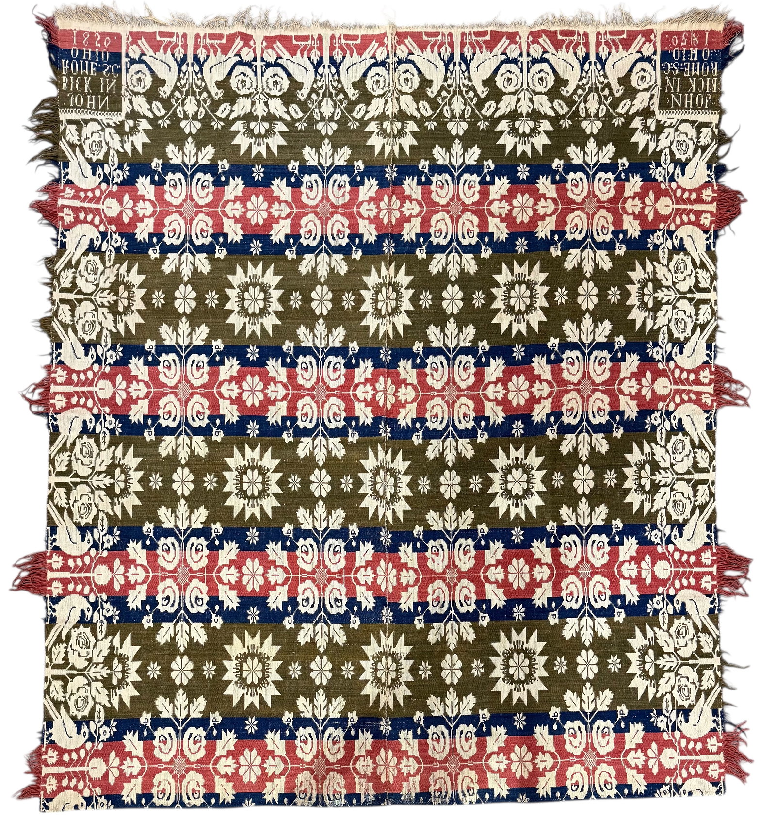 Signed Jacquard Coverlet: John Bick In Rome, S.C. Ohio 1840 (1 of 5)