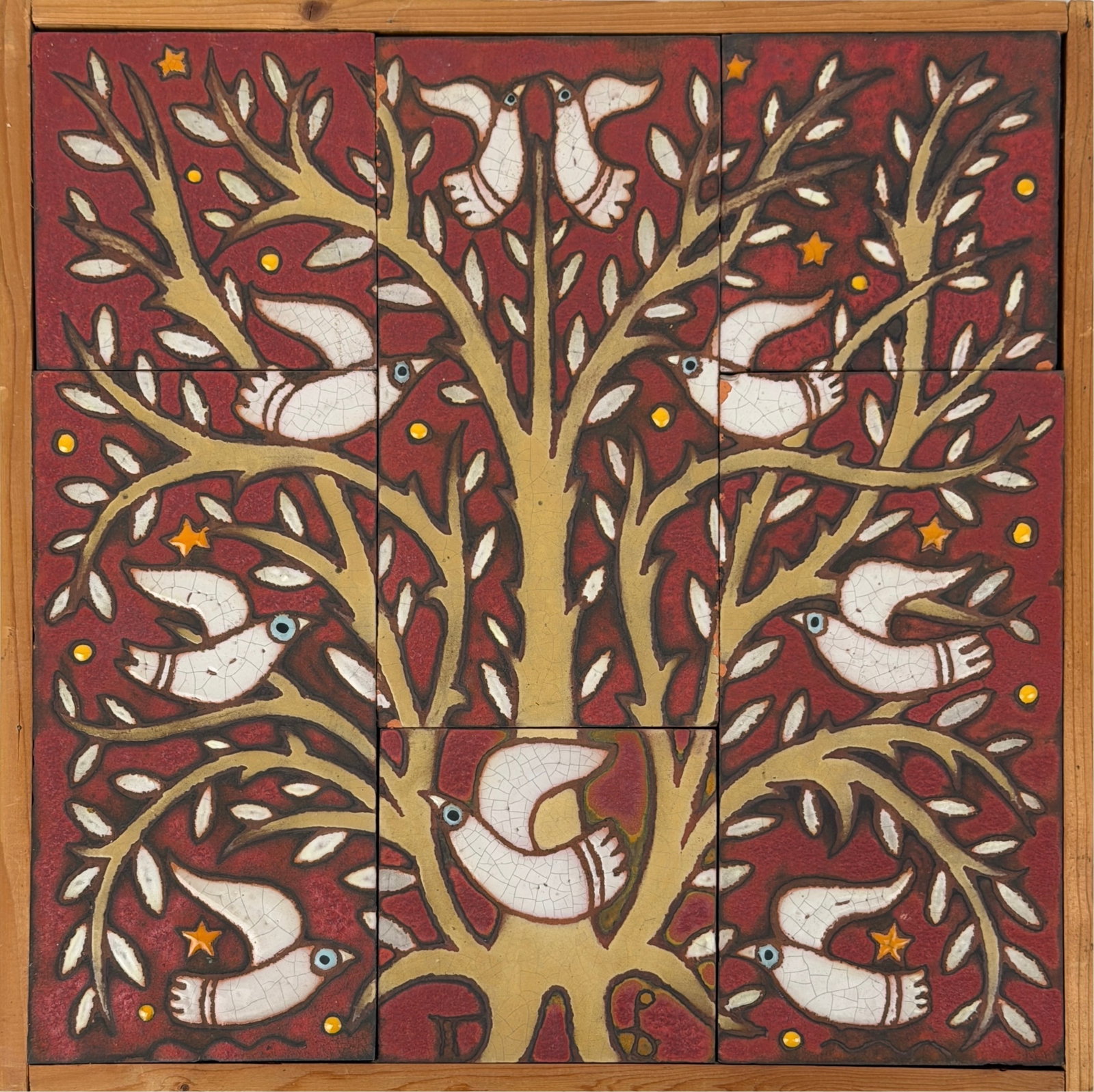 Panos Valsamakis 'Tree of Life' Ceramic Tile Mosaic: Signed by the artist lower center (around the tree). Dimensions: 13" x 13" Condition: Various crazing throughout the glaze with minor chips to the tile edges. 