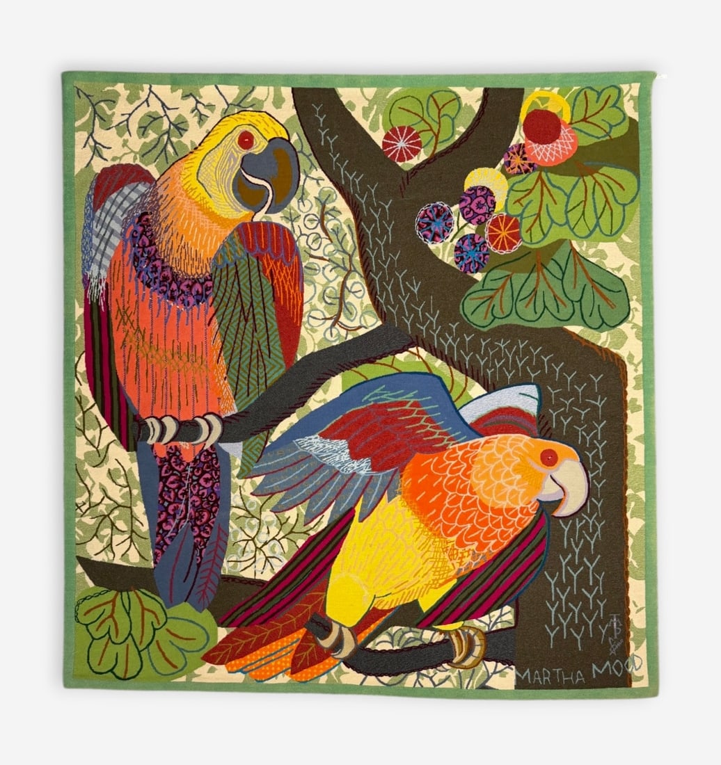 Martha Mood Parrot Tapestry: Artist Signature Lower Right. Dimensions: 53" x 50" Condition: The tapestry is in good condition. 