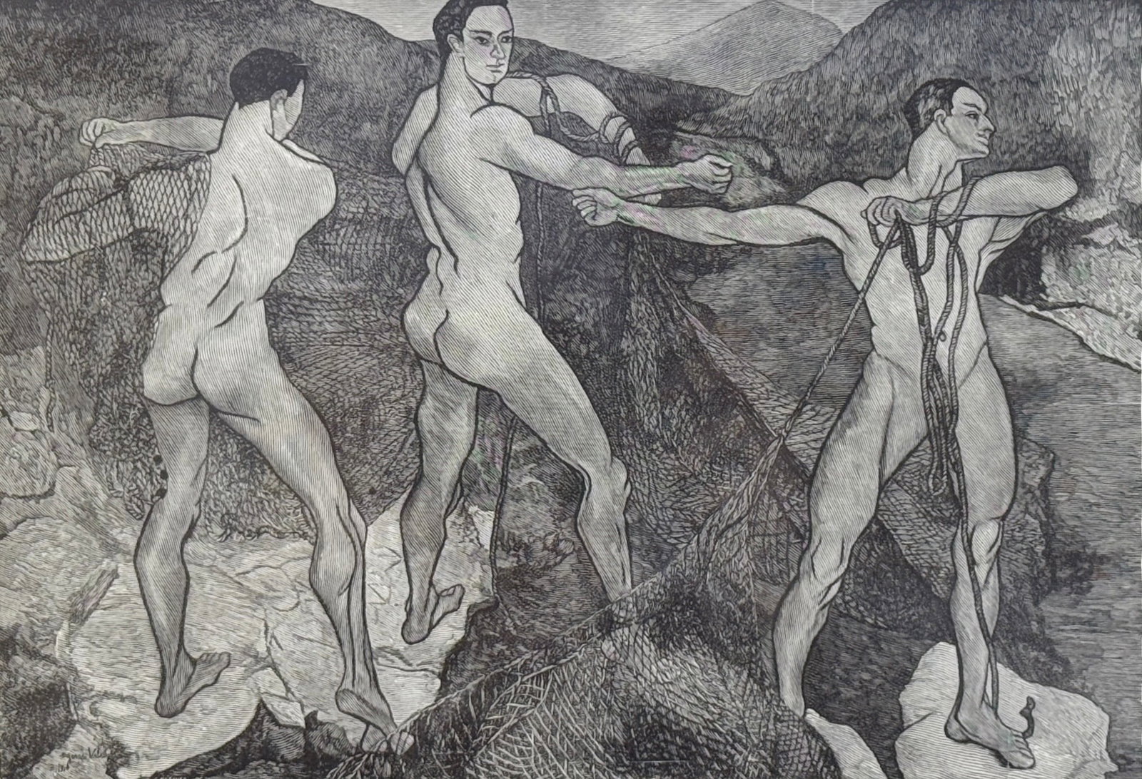 Arthur B. Davies "Fountain of Youth" Etching: Image: 9" x 12 1/2" Frame: 16" x 19 1/2" Condition: Marks to the frame; otherwise, the print is in good condition. 