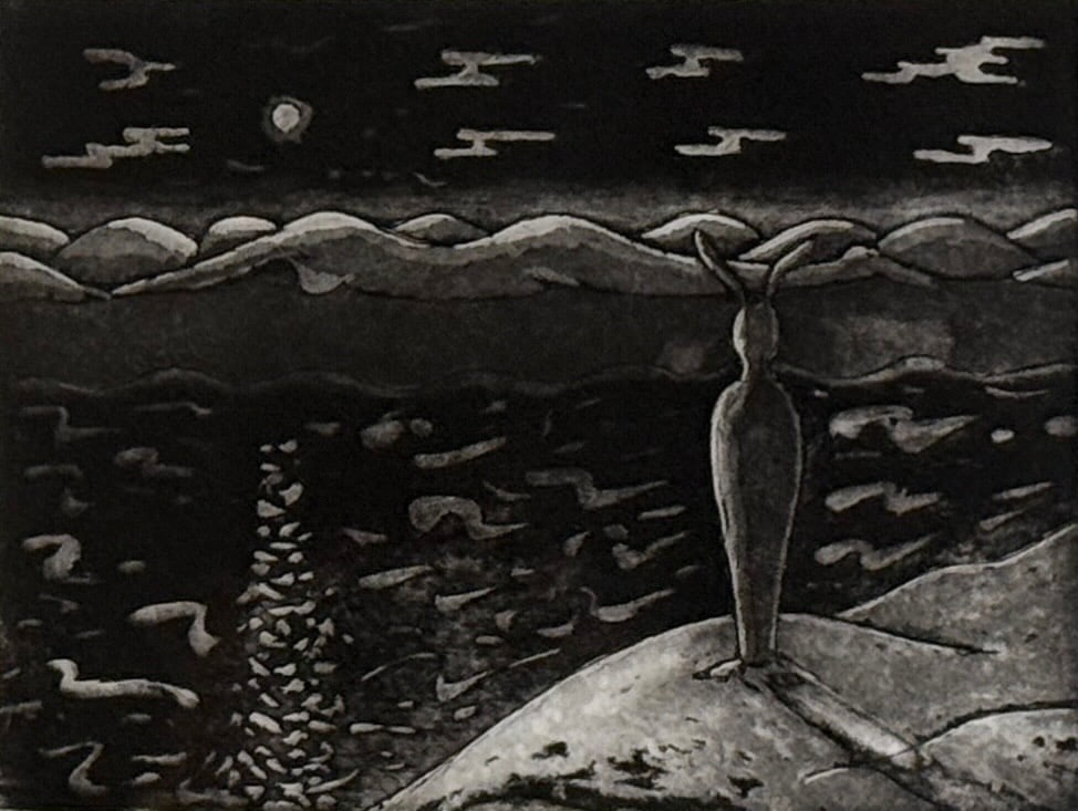 Jim Denomie "Wonder" Aquatint: Artist: Jim Denomie Title: WonderDate: 2009Limited Edition: 8/15Hand-signed and dated lower left and titled center. Image: 10" x 12 1/2" Frame: 17 1/2" x 21