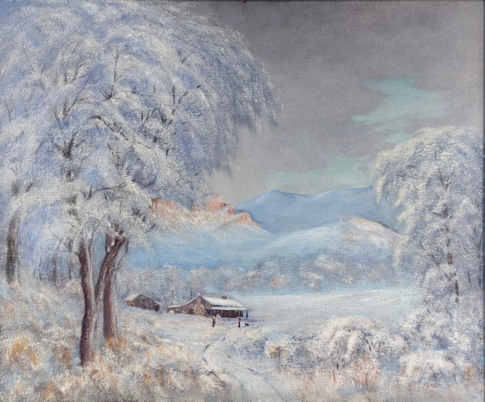 Reuben Brewer 'Winter Landscape' Oil on Canvas: Image is unsigned. Image: 19 1/2" x 23 1/2" Frame: 20 1/2" x 24 1/2" Condition: Painting is in good condition. The frame has surface scratches and is loose on the canv