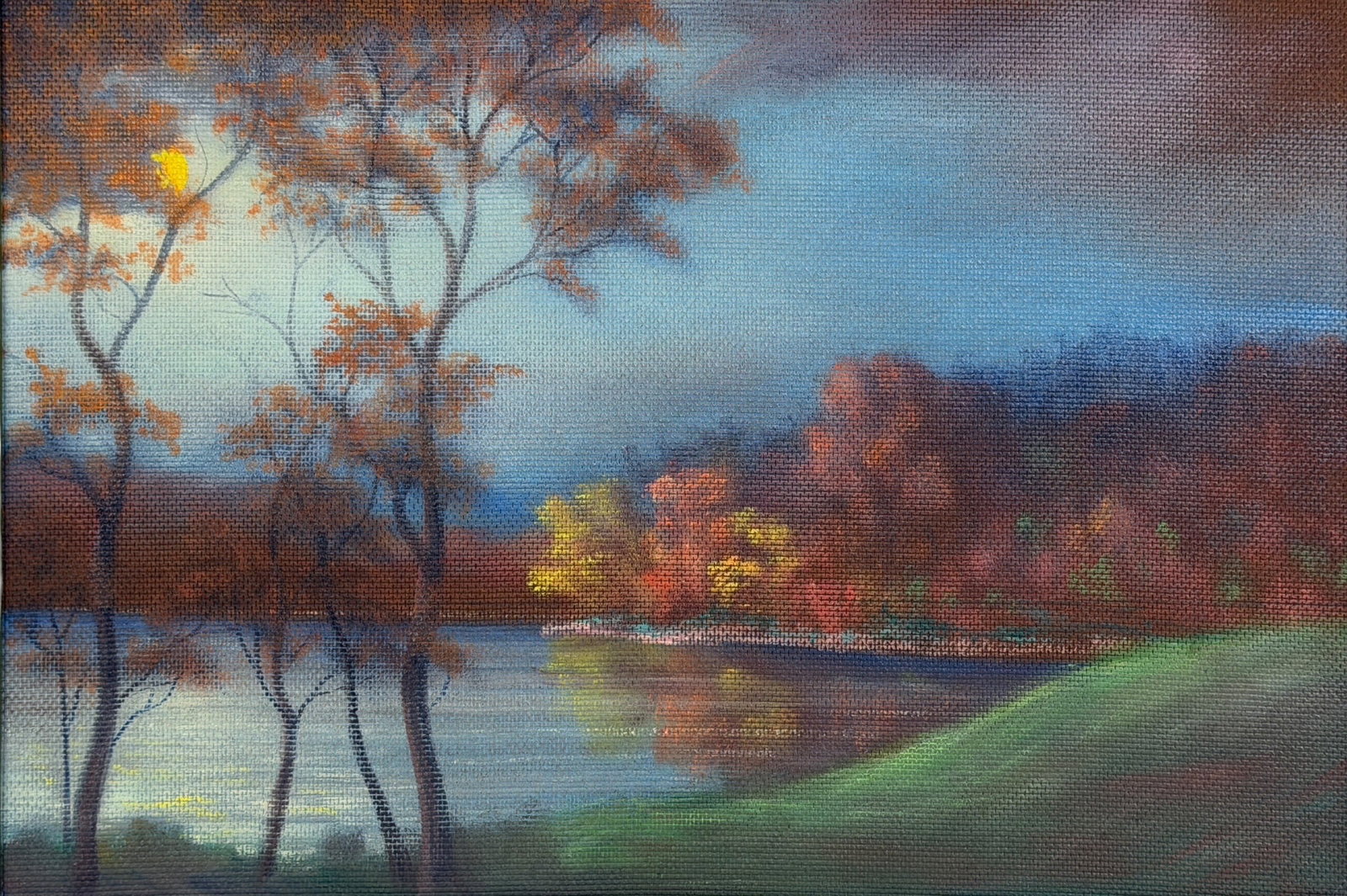 Reuben Brewer 'Lake Landscape' Oil on Board: Image is unsigned.Image: 11 1/2" x 17"Frame: 13" x 18 3/4" Condition: Painting is in good condition. Minor wear to the frame. 