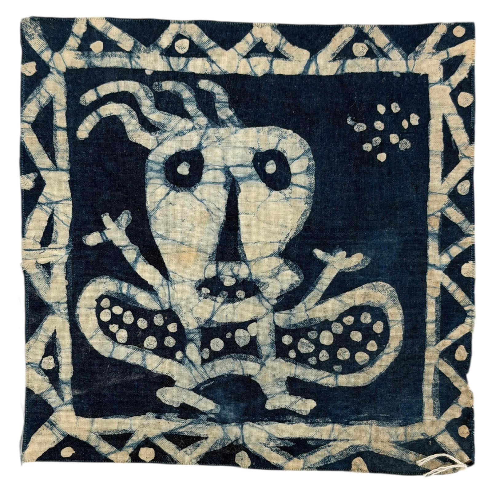 Twins Seven Seven Mixed Media on Cloth: From Kano, Nigeria, 1974 Dimensions: 8 1/2" x 8 1/2" Condition: The fabric has some stains throughout; otherwise, it is in good condition. 