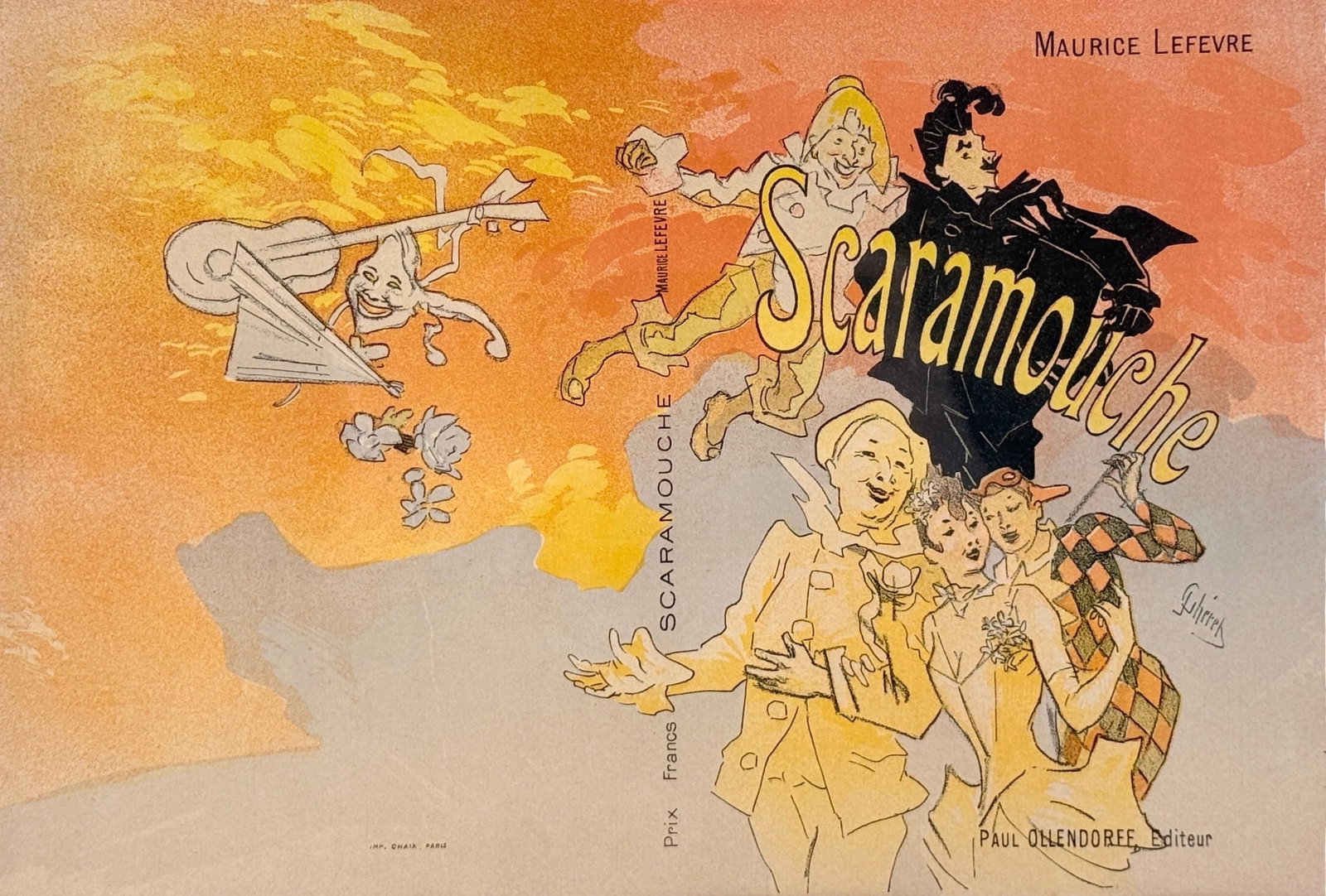 Jules Cheret "Scaramouche" Colored Lithograph Poster: Cover illustration for Maurice Lefèvre's "Scaramouche"The poster advertises the ballet written by Maurice Lefevre and Henri Vuagneux. Jules Cheret is one of the pioneers of