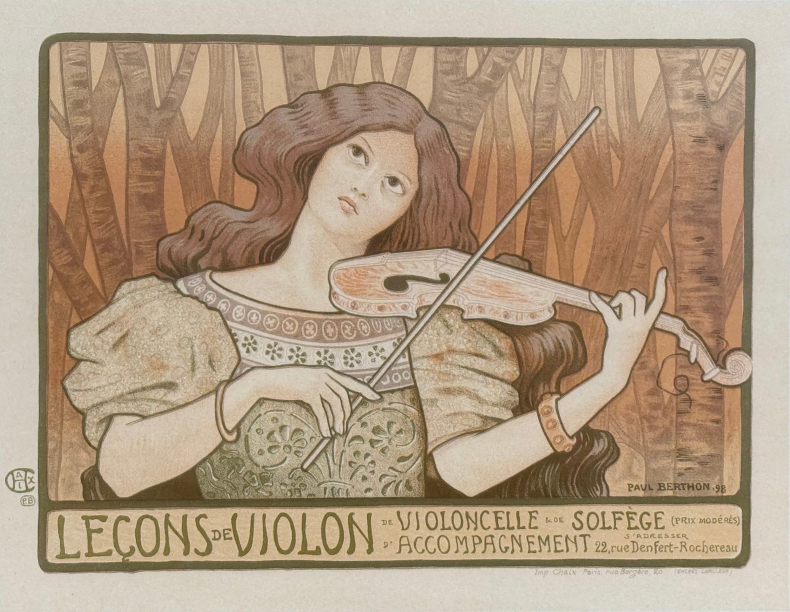 Paul Berthon "Lecons de Violon" Lithograph Poster: An Art Nouveau print advertising violin lessons. Provenance: Certificate of Authenticity included from A L'Image Du Grenier Sur L'Eau. Frame: 18 1/2" x