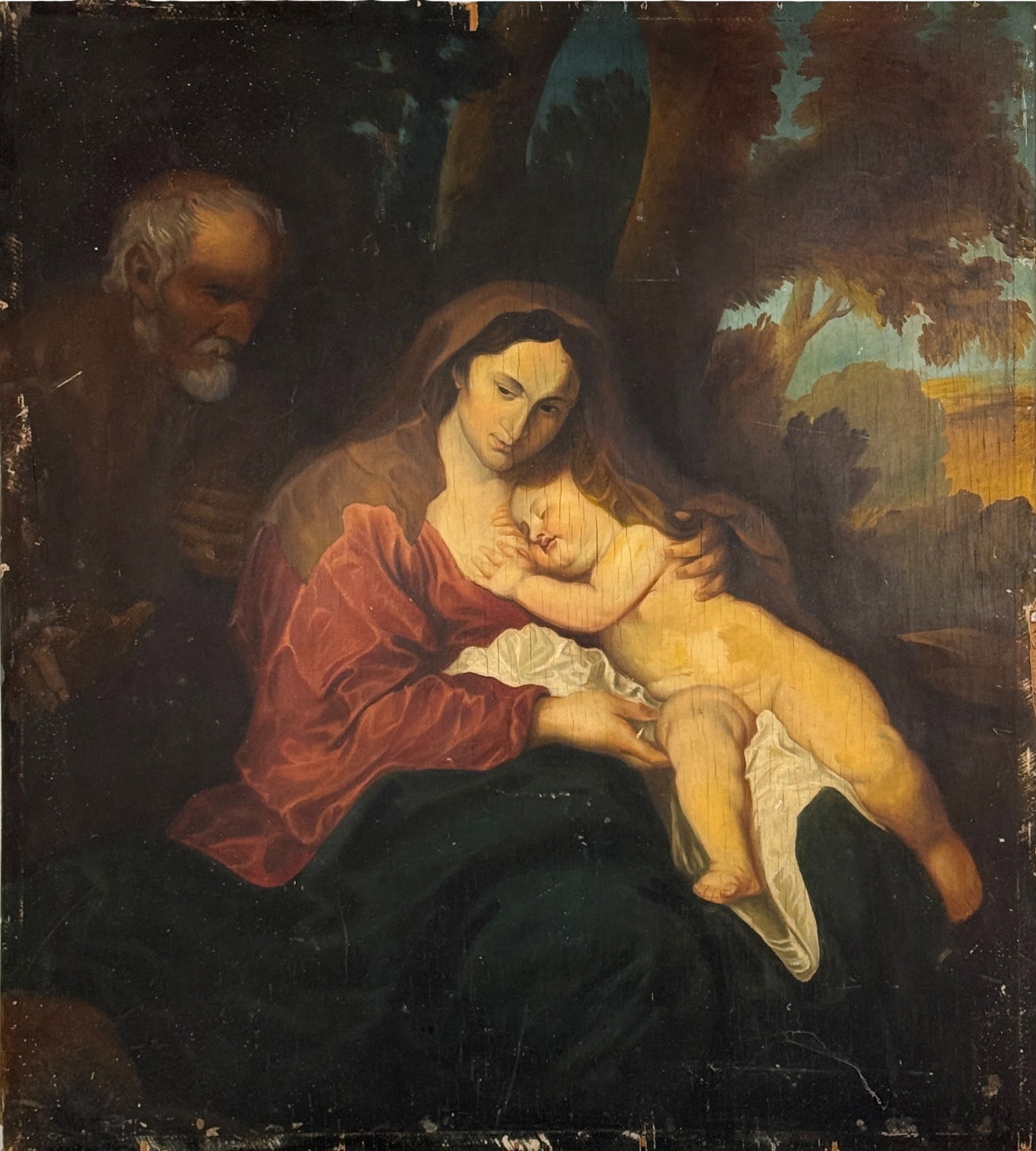 After Anthony van Dyck "Rest on the Flight to Egypt" Oil on Board: No signature or date. Comes with a frame, but not attached. Dimensions: 35" x 31 1/2" Condition: Loss of paint and wood around the edge where the frame rested. Cracks