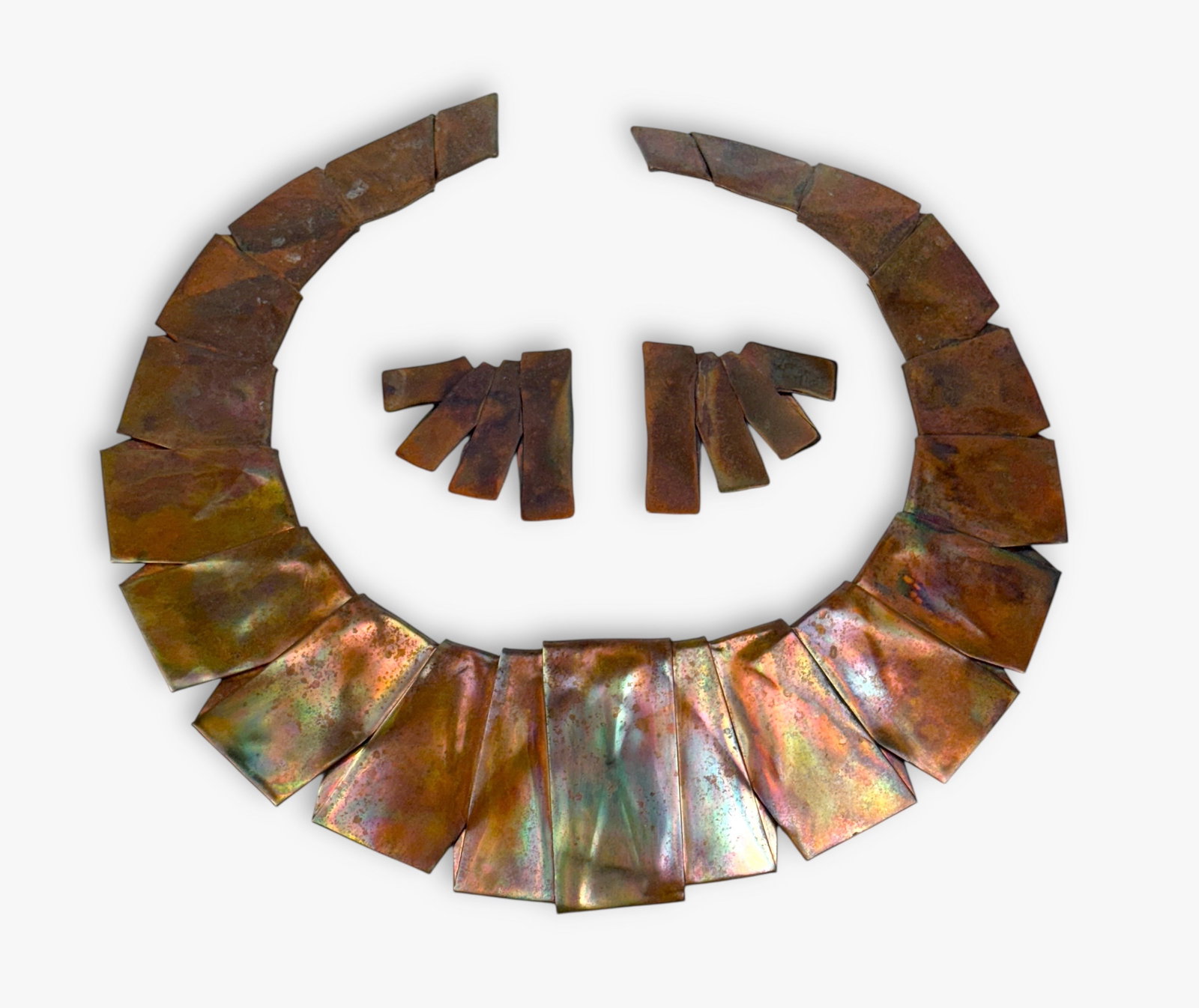 Gabrielle Sanchez Copper Necklace and Clip on Earrings: Each piece is signed Gabrielle Sanchez Earrings: 1 1/2" x 1 1/2" Necklace: Interior diameter 4 1/2", opening 1" Condition: Necklace and earrings are in good con