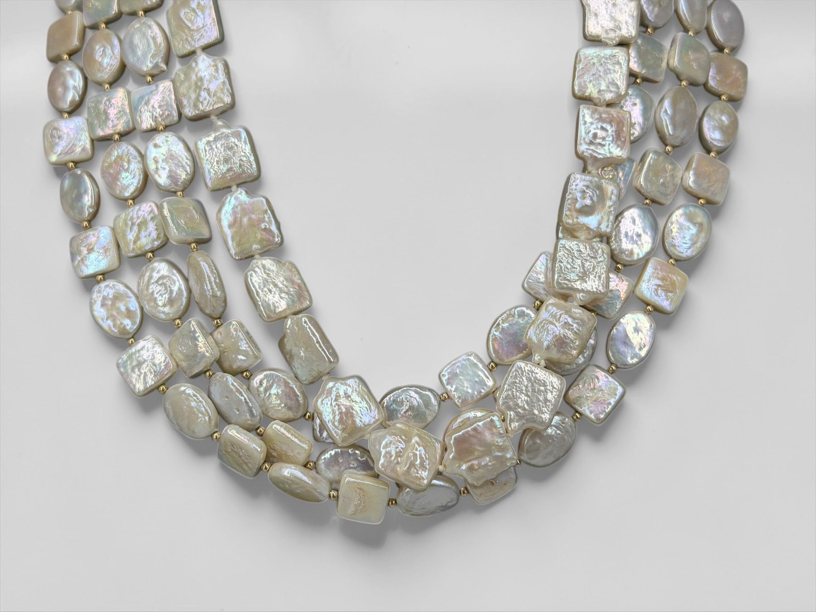 (2) 14K Gold & Coin Pearl Necklaces: Total Weight: 114.3gLength: Both 17" Long Dimensions: 10mm x 10mm pearls Condition: Both necklaces are in good condition. 