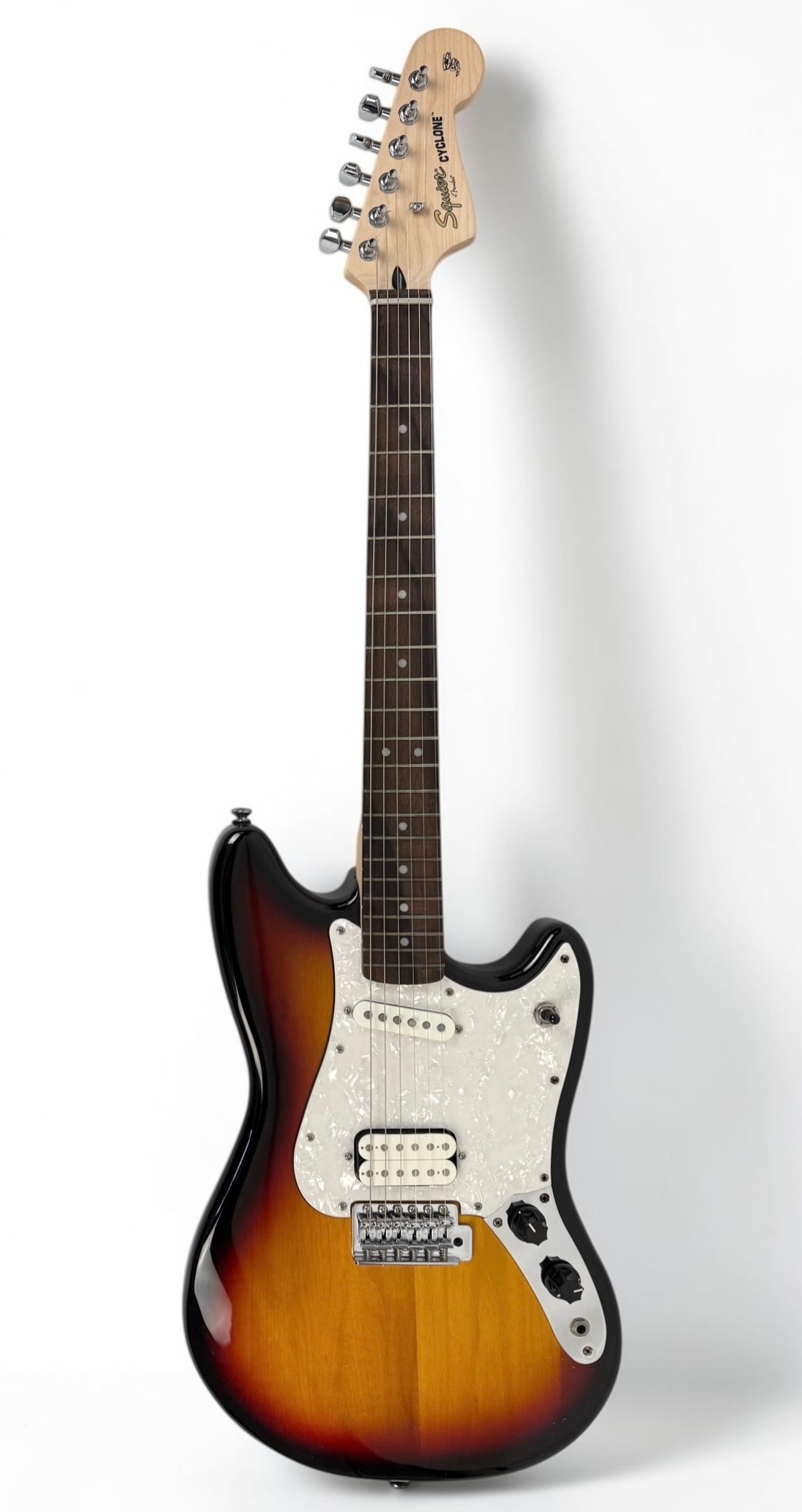 2011 Squier Cyclone Electric Guitar: Color: Sunburst Serial Number: ICS11154198 Dimensions: 40" Long Condition: The guitar is in like-new condition. The case has surface wear and latches are worn. 