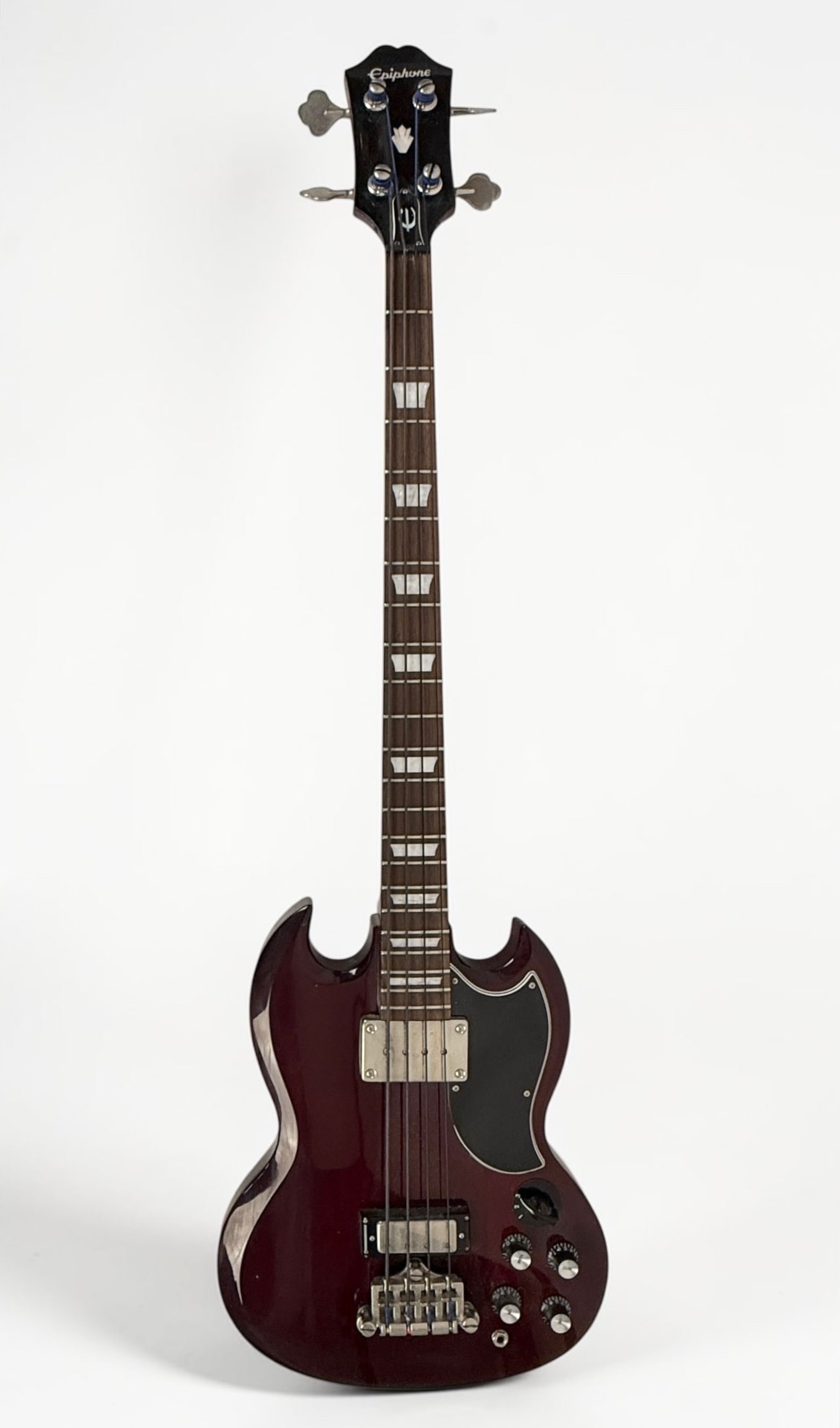 2010s Epiphone EB-3 Electric Bass: Color: Cherry Serial Number: 1204210681 Dimensions: 46" Long Condition: Some marks on the body of the guitar; otherwise, it is in good condition. 