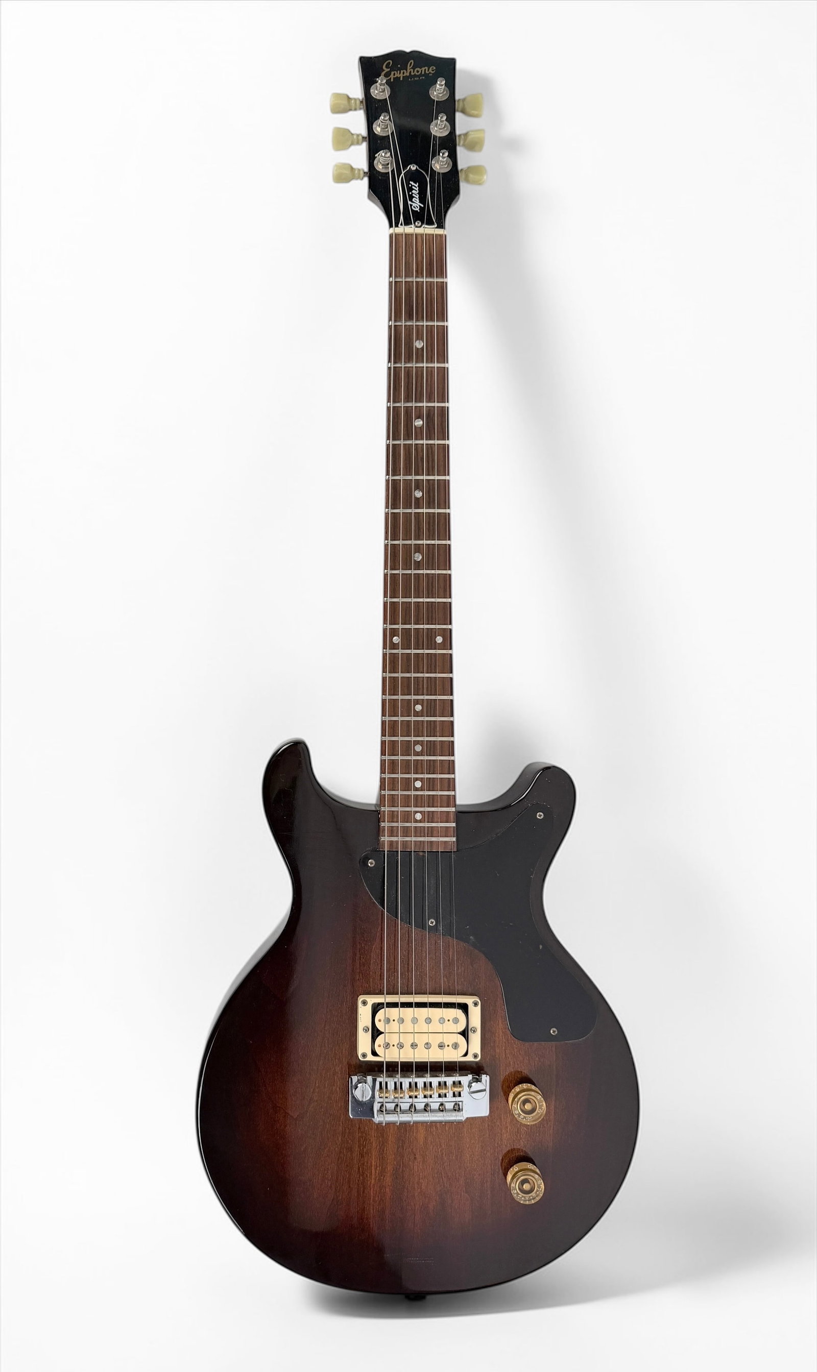 1981-1982 Epiphone Spirit Sunburst Electric Guitar: Color: Sunburst Body: Mahogany body with a set mahogany neck and rosewood fingerboard. Hardware: Chrome and stoptop hardware Serial Number: 82252035 Case: Factory Epiphone Case 