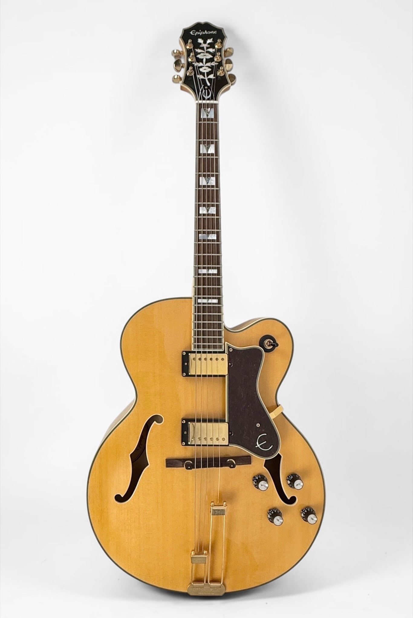 2010s Epiphone Broadway Hollow-body Electric Guitar: Color: Natural Finish Serial Number: 1105210168 Dimensions: 44" Long Condition: In like new condition with original accessories. 