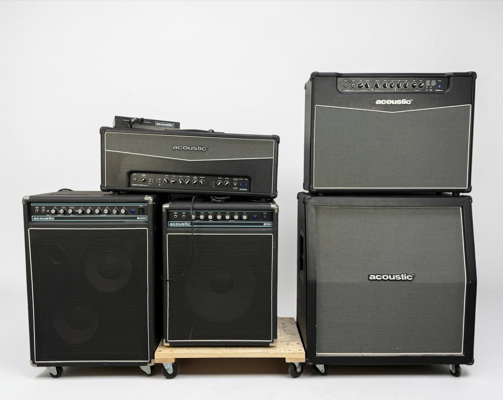 (5) Acoustic Amplifiers and Speakers: Lot Includes: G120 DSP, B100, B450, GT50H, and G412A Dimensions: 30 1/4" x 27 1/2" x 14" Largest Speaker Condition: Light wear but in overall good condition. Not tested. See images for details.