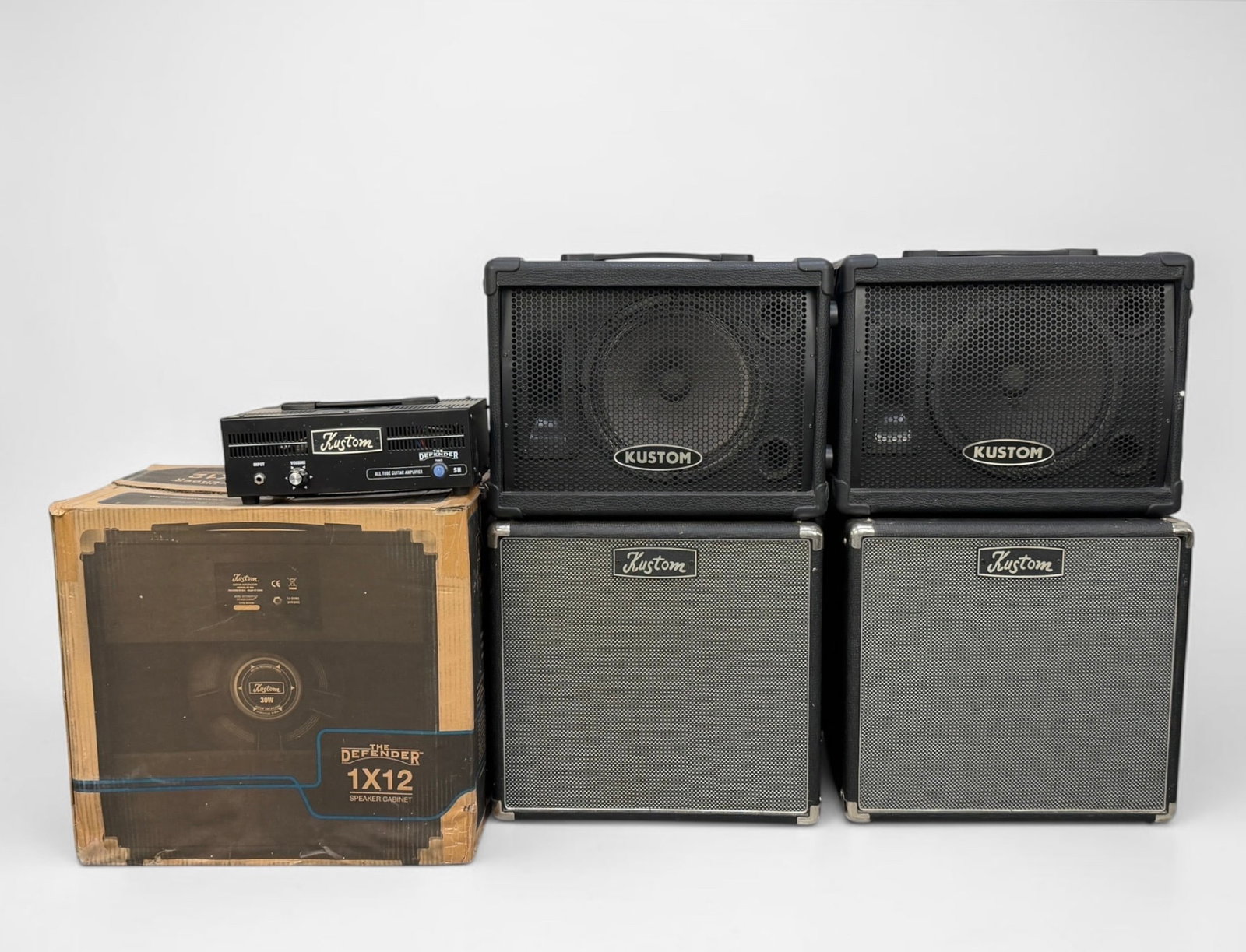 Group of Kustom Amplifiers and Mixer: Dimensions: 17" x 18" x 10" Largest Piece Condition: Light wear but in overall good condition. Not tested. See images for details. 