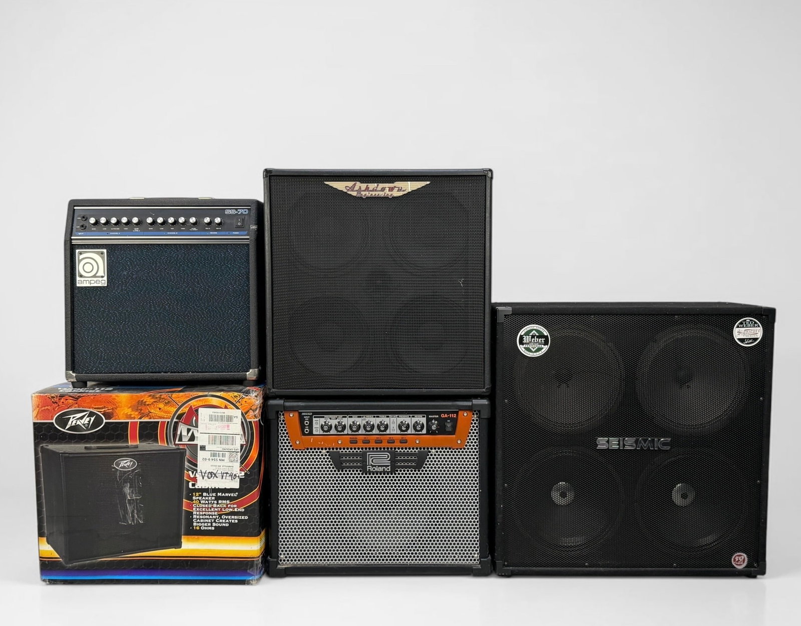 Group of Amplifiers (C): Dimensions: 29 1/4" x 28 3/4" x 13" Largest Condition: Wear throughout. Not tested. See images for details. 