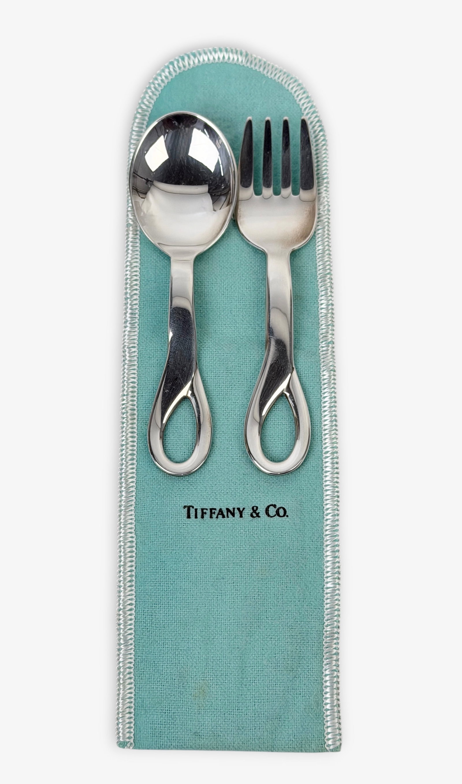 Tiffany & Co Sterling Elsa Paretti Baby Fork & Spoon: Length: 4" Total Weight: 1.8 ozt Condition: Good with light surface scratches and tarnishing consistent with use. Comes in blue Tiffany pouch.