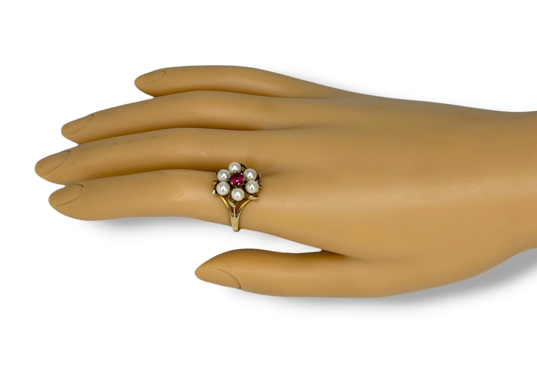 10K Gold Pearl Ruby Ladies Ring - 5