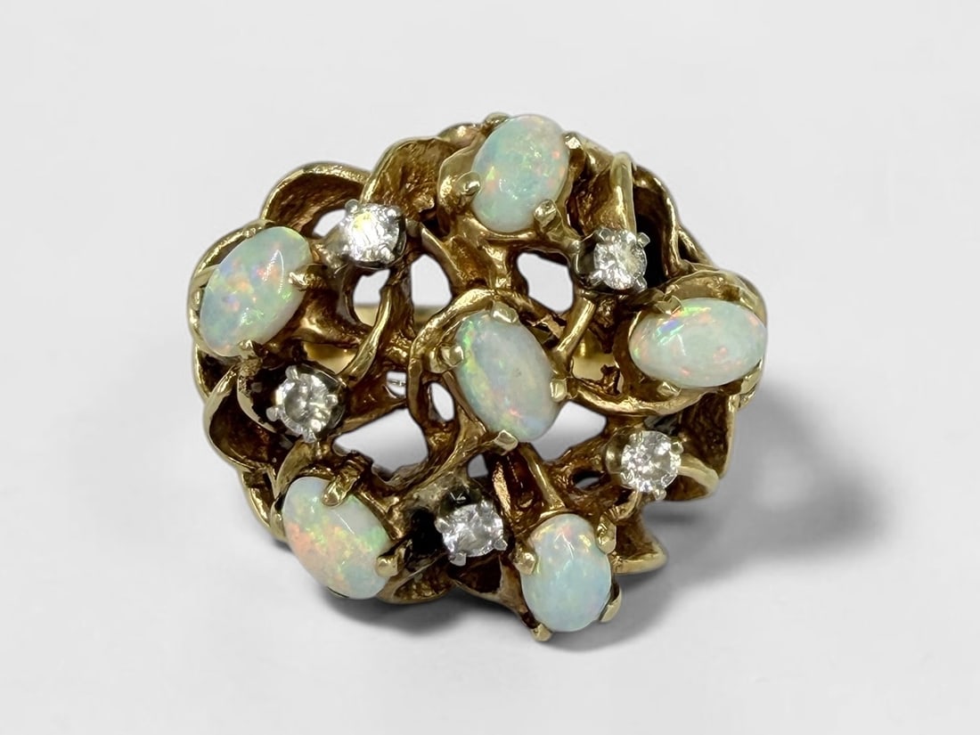 14K Gold Opal Diamond Ladies Ring: Tests 14K, unmarked Size: 7 1/2 Weight: 9.3g Opal: Each approximately 4.9mm x 3.2mm Condition: Good, light surface scratches 