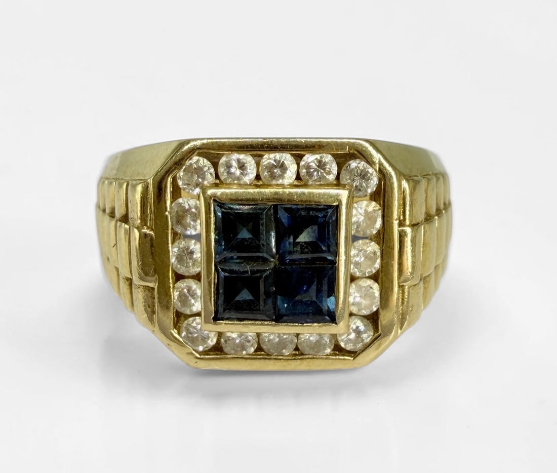 14K Yellow Gold Diamond Sapphire Ring: Size: 9 Weight: 8.8g Condition: Good