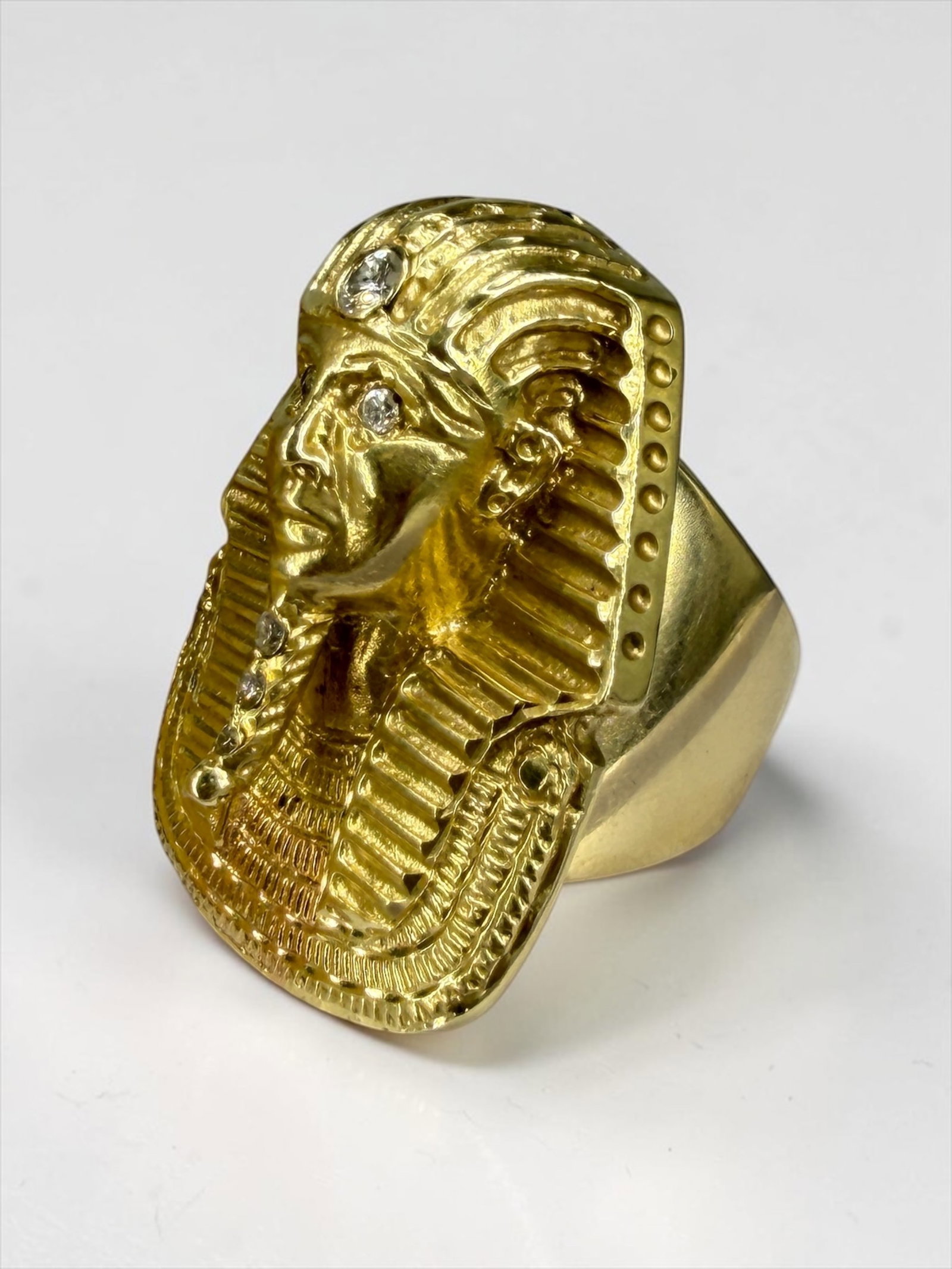14K Yellow Gold & Diamond Pharaoh Ring: Unmarked but tested. Custom-made ring. Size: 11 Weight: 57.2g Dimensions: 1 3/4" x 1 1/2" Condition: Surface marks and scratches consistent with wear. The ring is in overa
