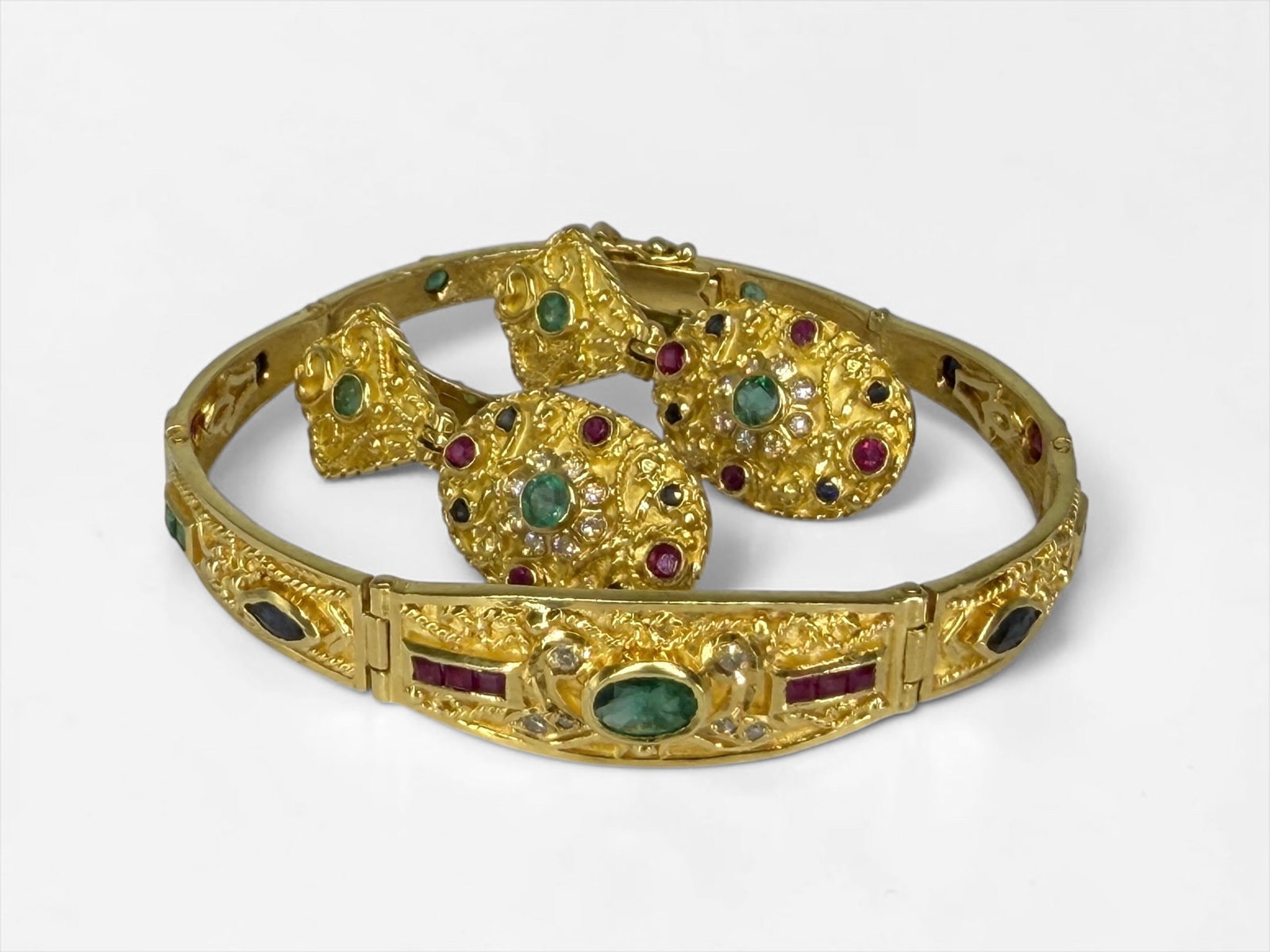 18K Gold Emerald, Ruby & Sapphire Earring & Bracelet Set (1 of 6)
