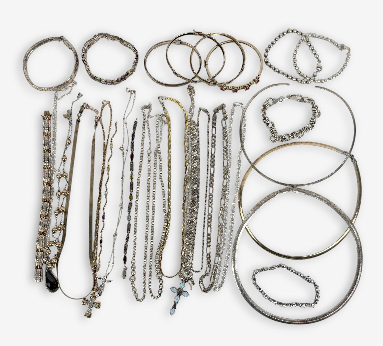 Group of Sterling Silver Necklaces & Bracelets: Weight: 11.3ozt Condition: Normal tarnishing and light scratches.