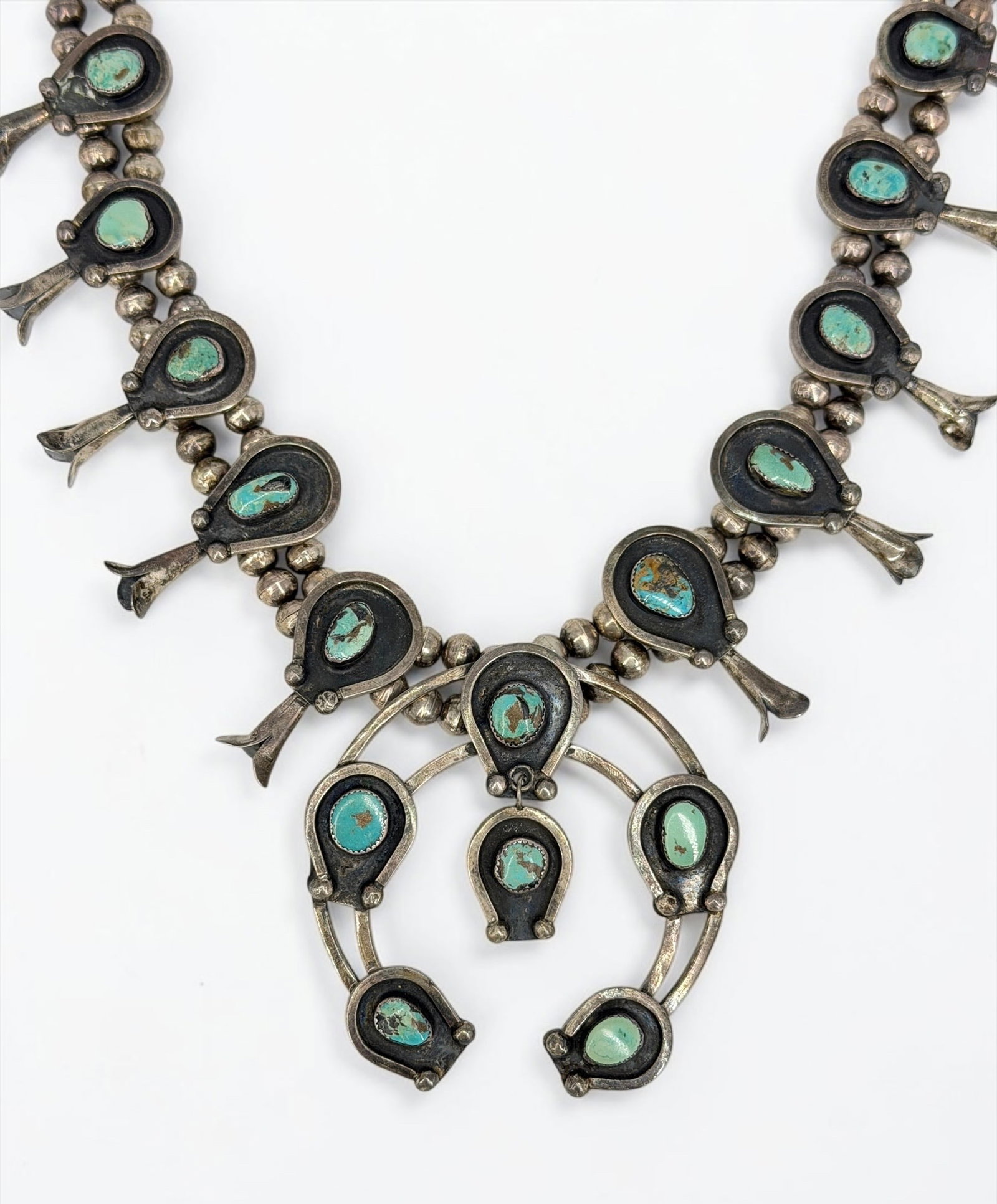 Vintage Navajo Silver and Turquoise Squash Blossom Necklace (1 of 4)