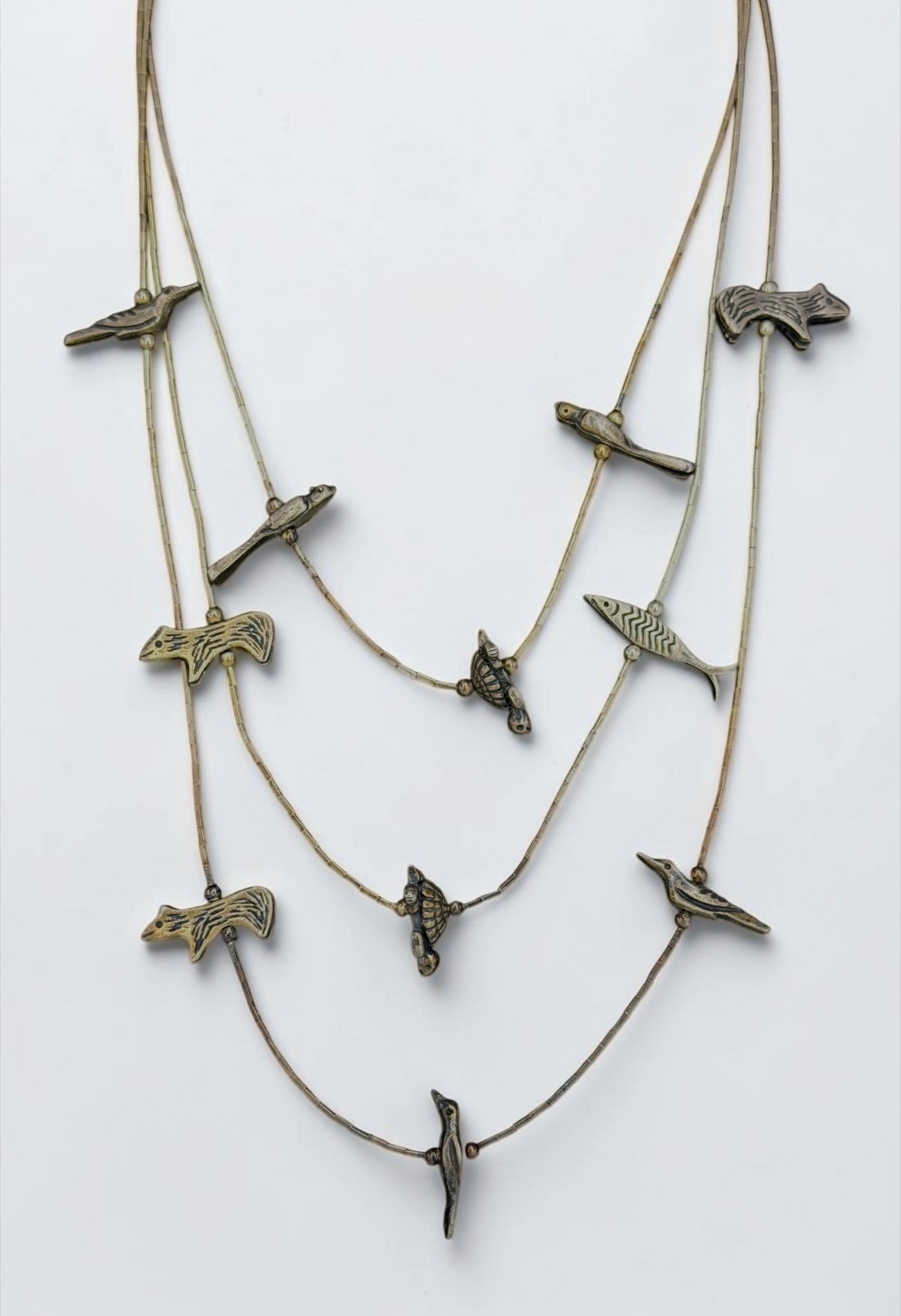 Vintage Silver Native American 3 Strand Fetish Necklace: Weight: 57.2g Length: 25" Longest Chain Condition: Tarnishing throughout the necklace; otherwise, in good condition.