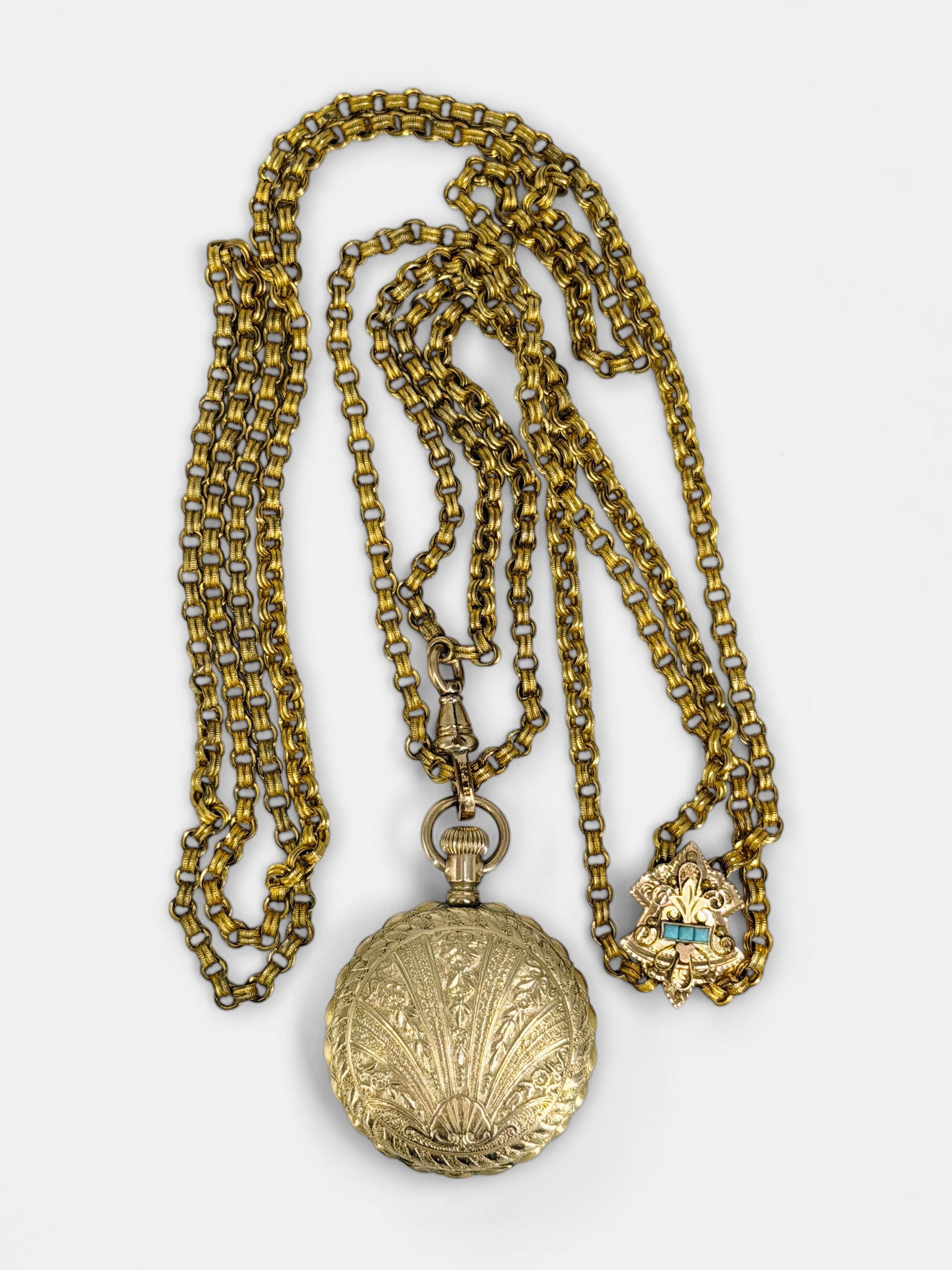 Vintage Waltham Gold Plated Pocket Watch & Fob: Total Weight: 75.48g Dimensions: 1 1/2" Diameter Watch x 22" Long Chain Condition: In good condition. Watch runs when wound; not tested for timekeeping. 