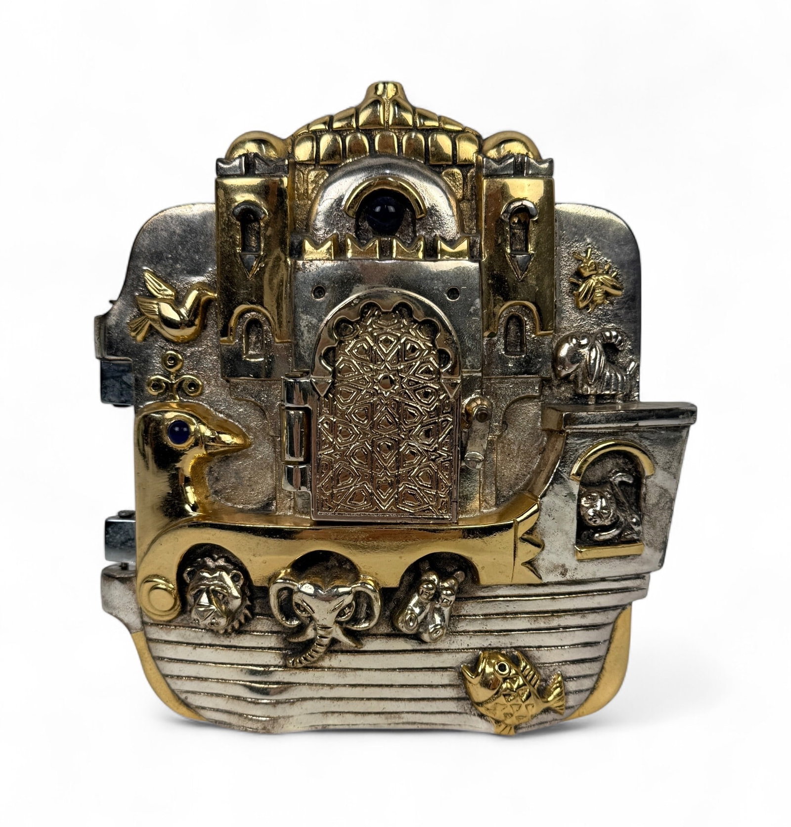 Frank Meisler Noah's Ark Sculptural Box: The front panel includes a hinged door that opens to reveal figural detail. Dimensions: 3" H × 7 1/2" L × 7"