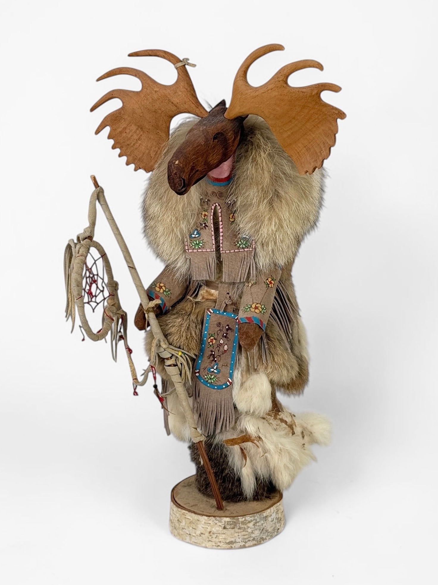 Kevin & Shawn Gadomski Kachina “Moozo" Figure: Dimensions: 18" Tall Condition: The dreamcatcher staff is broken. Otherwise, the figure is in good condition.