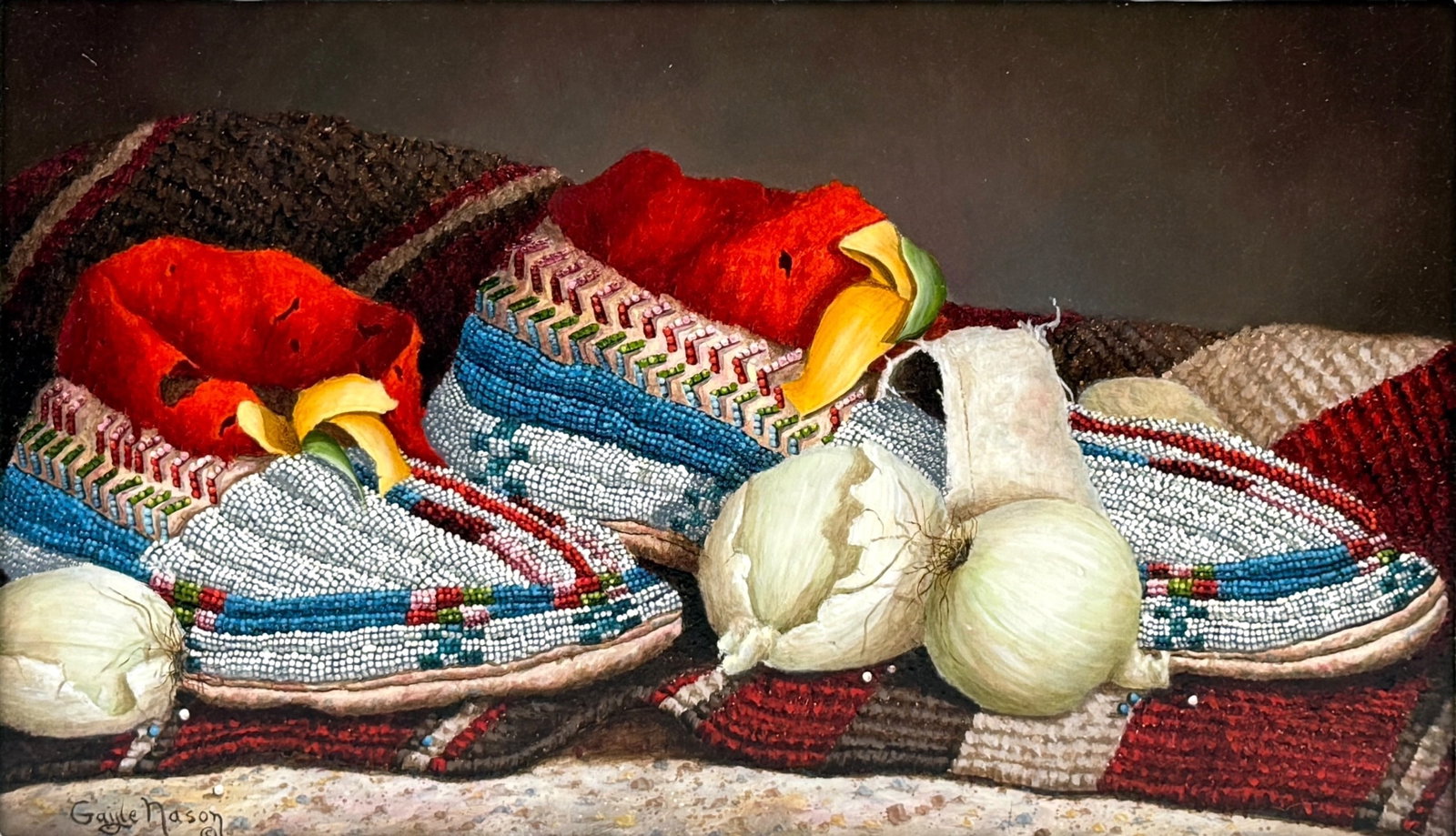 Gayle Nason “Red Felt Cuffs" Oil On Board: Signed lower left on front and reverse Titled: "Red Felt Cuffs" Frame:15 1/2" x 21" Image: 8 1/2" x 14 1/4" Provenance: The Legacy Gallery Condition: Both the frame and image are in very good conditio
