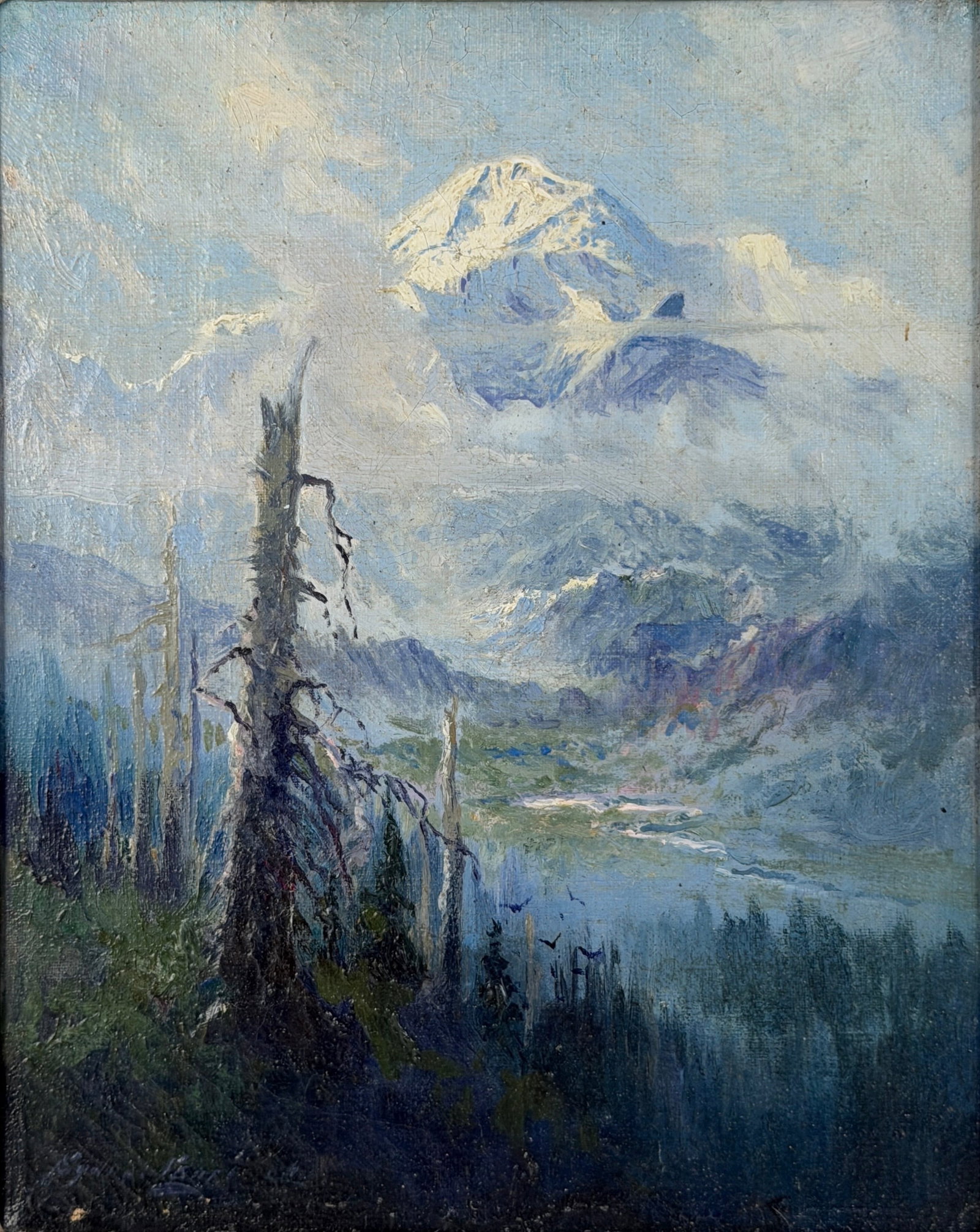 Sydney Laurence 'Mt. McKinley' Oil on Canvas: Signed by the artist lower left. Image: 10" x 8" Frame: 17" x 15" Condition: Minor paint loss in the lower left corner. Craquelure throughout the pa