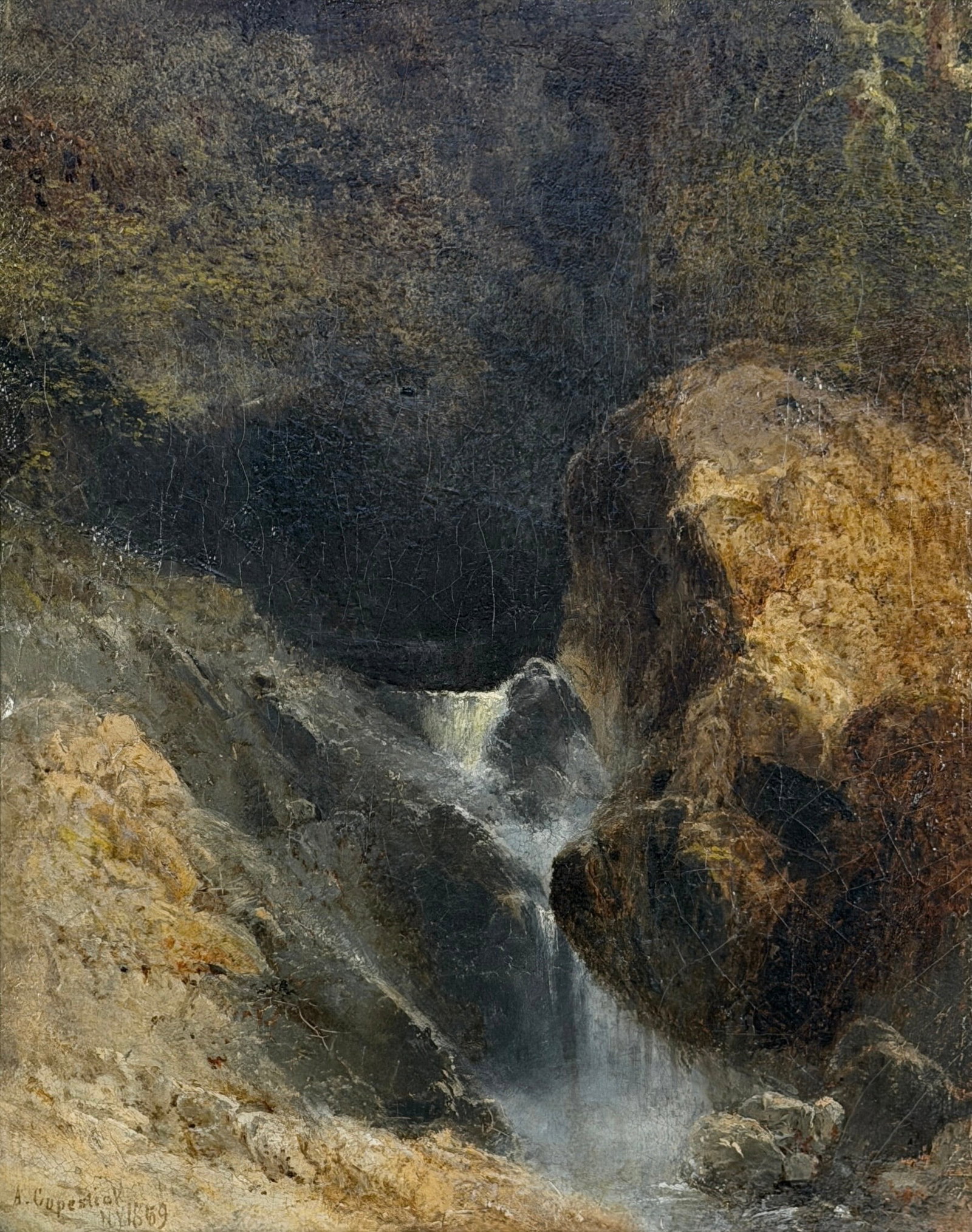 Alfred Copestick “Headwaters of the Juniata" Oil on Canvas: Artist: Alfred Coupstick (1837-1859) Signed and dated lower left "A. Copestick NY 1859" Description per Appraisal: View of a waterfall, the headwaters of the Juniata River in the Alleghany Mountains. 