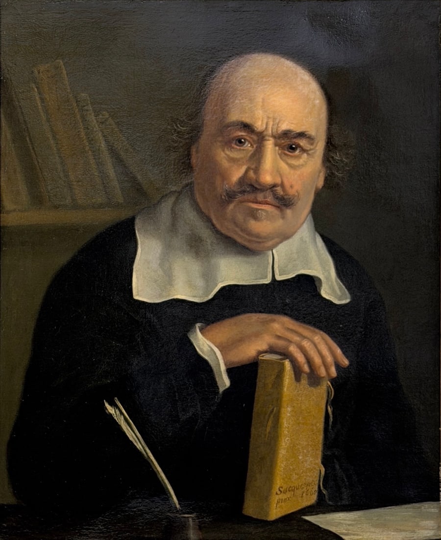 Adrien Sacquespee “Portrait of a Writer" Oil on Canvas: Artist: Adrien Sacquespee (1629-1692). Signed on book "Sacquespee 1660." Description per Appraisal: Portrait of a man wearing a white collar holding a book upright on a table with his name and "1660" 