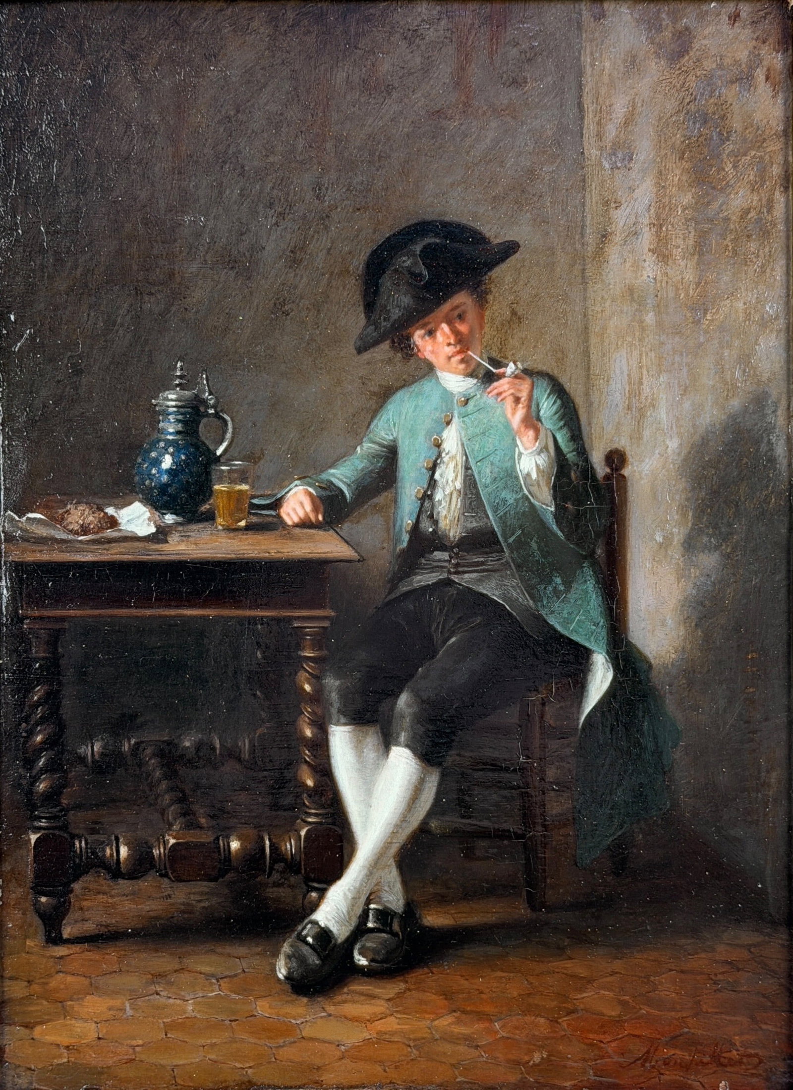 Adolphe Francois Monfallet “Smoking the Pipe" Oil on Panel: Artist: Adolphe Francois Monfallet (1816-1900) No signature visible. Description per Appraisal: Gentleman sitting next to a table, lighting his pipe. On the table is a flacon and glass of ale and some