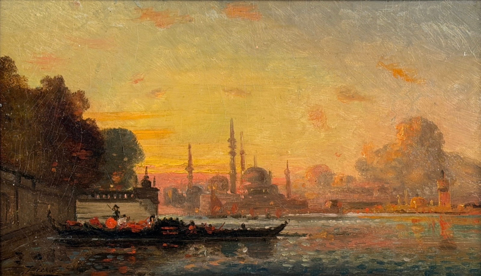 Felix Ziem “View of Constantinople" Oil on Panel: Artist: Felix Francois Georges Philbert Ziem (1821-1911) Signed lower left as "Ziem" Description per Appraisal: View of the city from the water with a gondola-type boat in the foreground next to the s