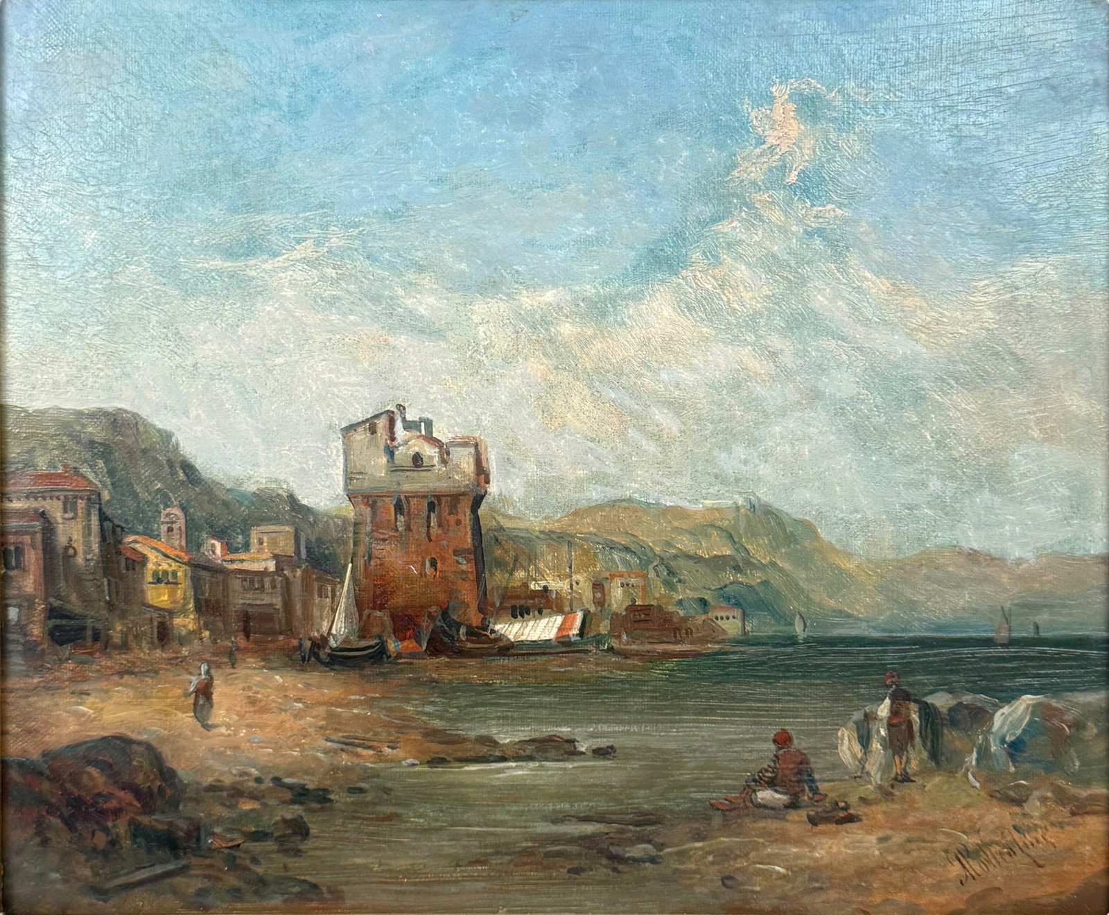 Alfred Pollentine 'Coastal Harbor Scene' Oil On Canvas: Signed: Lower right and on the reverse. Frame: 16 1/4" x 18 1/4" Image: 9 1/2" x 11 1/2" Condition: The frame has a few nicks, and there are areas of craquelure on the