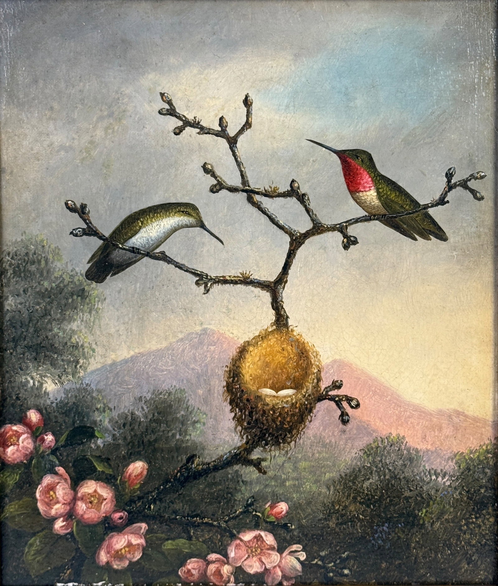 After Martin Johnson Heade By Ken Perenyi Oil on Canvas: Title: "Ruby Throats with Apple Blossoms" Image: 12" x 10" Frame: 16" x 14" Condition: Craquelure to the center area of the painting. Toning to the varnish. The frame has marks and loss of gilding. &n