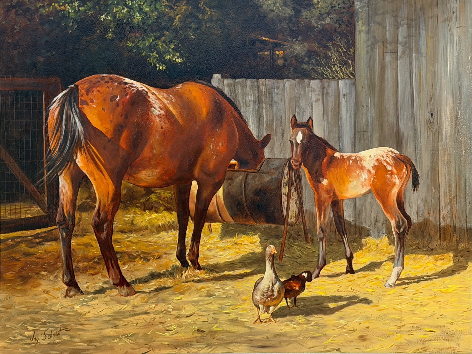 Jay Schmidt “Barnyard Friends" Oil on Canvas: Signed Lower Left Image: 29 1/2" x 40" Frame: 40 1/2" x 50 1/2" Condition: Marks to the frame; otherwise, the painting is in good condition. Artist Bio: Jay Schmidt (American, active mid-20t