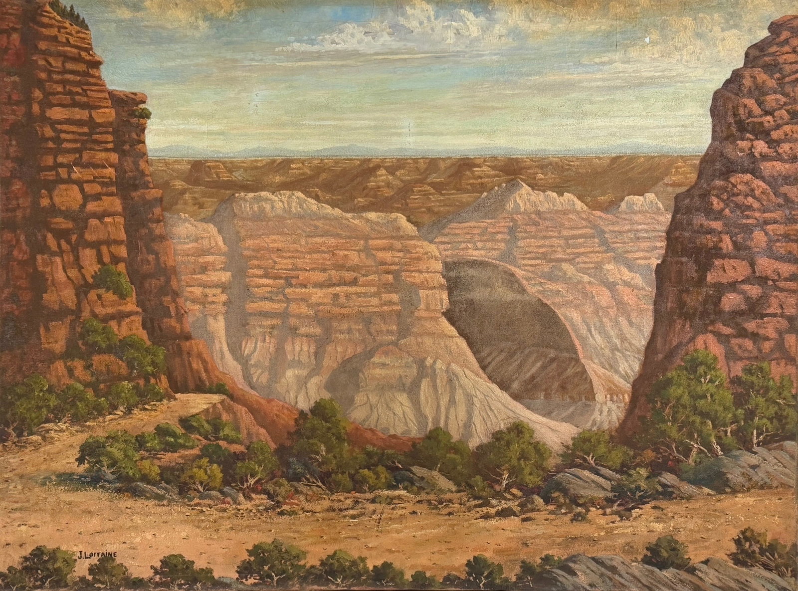 J. Lorraine “Canyon Landscape" Oil on Canvas: Signed by the artist lower right. Dimensions: 30" x 40" Condition: Some cracking in areas with thick layers of paint. Various levels of toning throughout the painting. No frame.